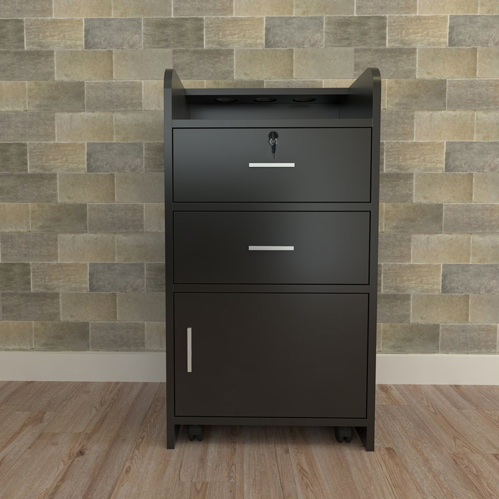 HAOYYE Black Beauty Salon Side Table with 2 Pump Bottles Storage, Mobile Utility Cart with Wheels and Drawer, Compact Rolling Station for Hairdressing, Tattoo, Spa, or Massage Room