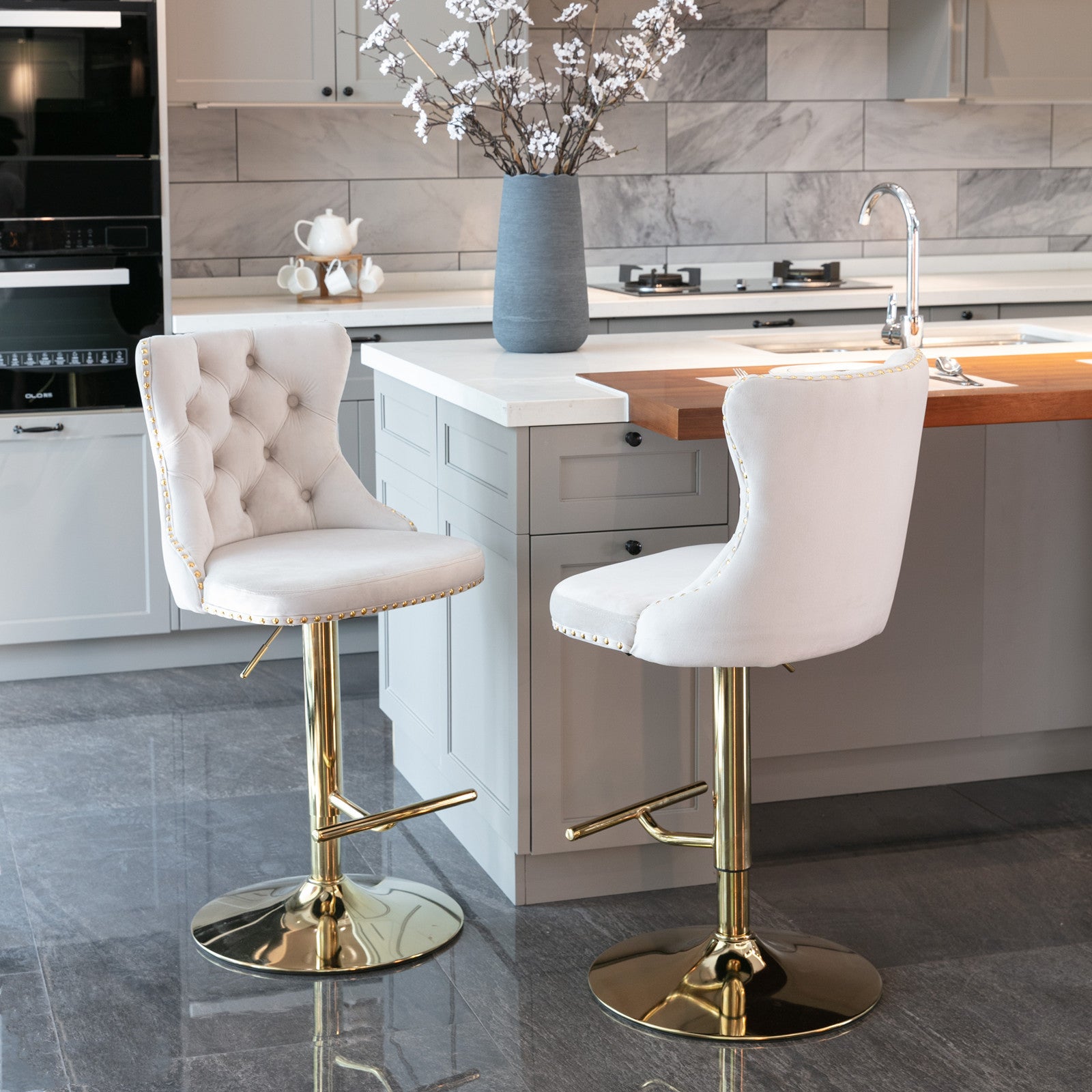 HAOYYE Golden Swivel Velvet Barstools Adjusatble Seat Height from 25-33 Inch,Modern Upholstered Bar Stools with Backs Comfortable Tufted for Home Pub and Kitchen Island,Beige,Set of 2 Sturdy