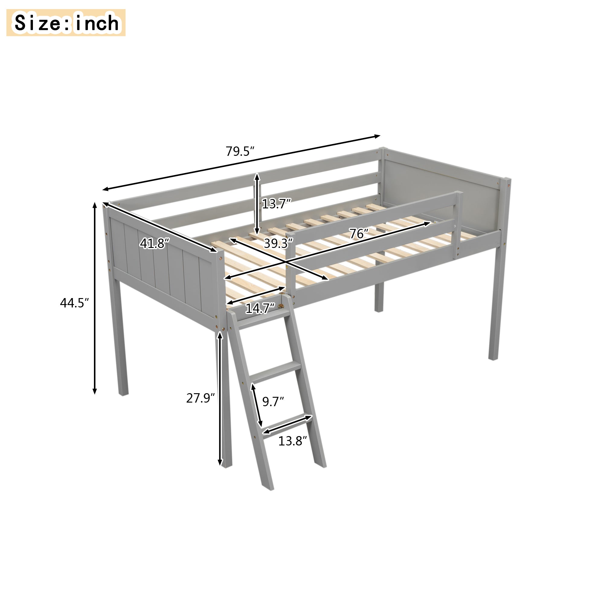 HAOYYE Twin Size Wood Low Loft Bed with Ladder, ladder can be placed on the left or right, Gray Sturdy Space-Saving Heavy Duty Modern Design Adults Dorm Room Easy Assembly Bedroom Furniture