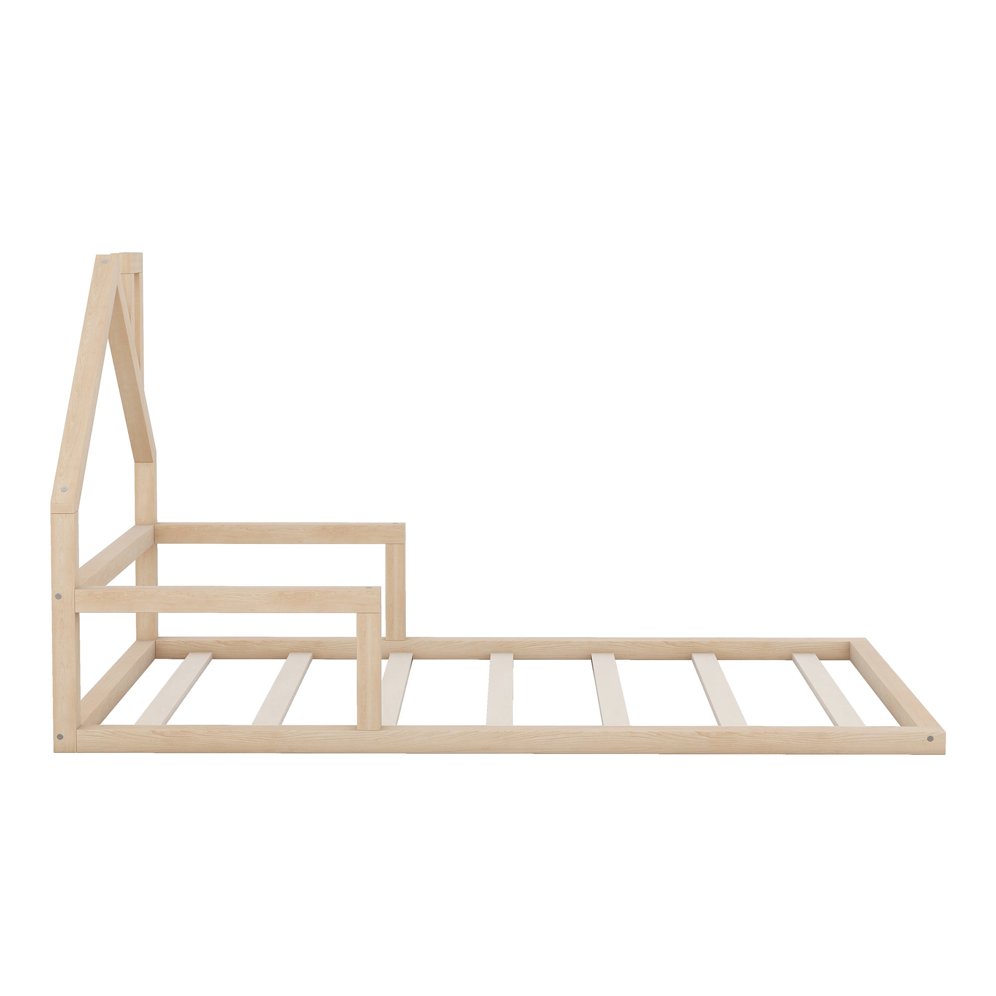HAOYYE Twin Size Wood Floor Bed with House-shaped Headboard, Natural Sturdy Space-Saving Heavy Duty Modern Design Adults Dorm Room Easy Assembly Bedroom Furniture