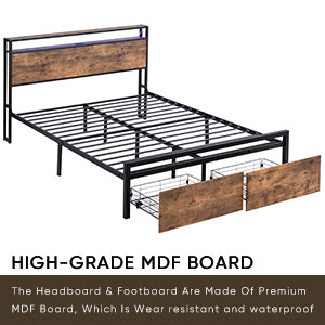 HAOYYE Full Size Bed Frame with Storage Headboard and 2 Drawers, LED Lights Bed with Charging Station, Metal Platform Bed No Noise, Mattress Foundation Strong Metal Slats Support No Box Spring Needed Sturdy