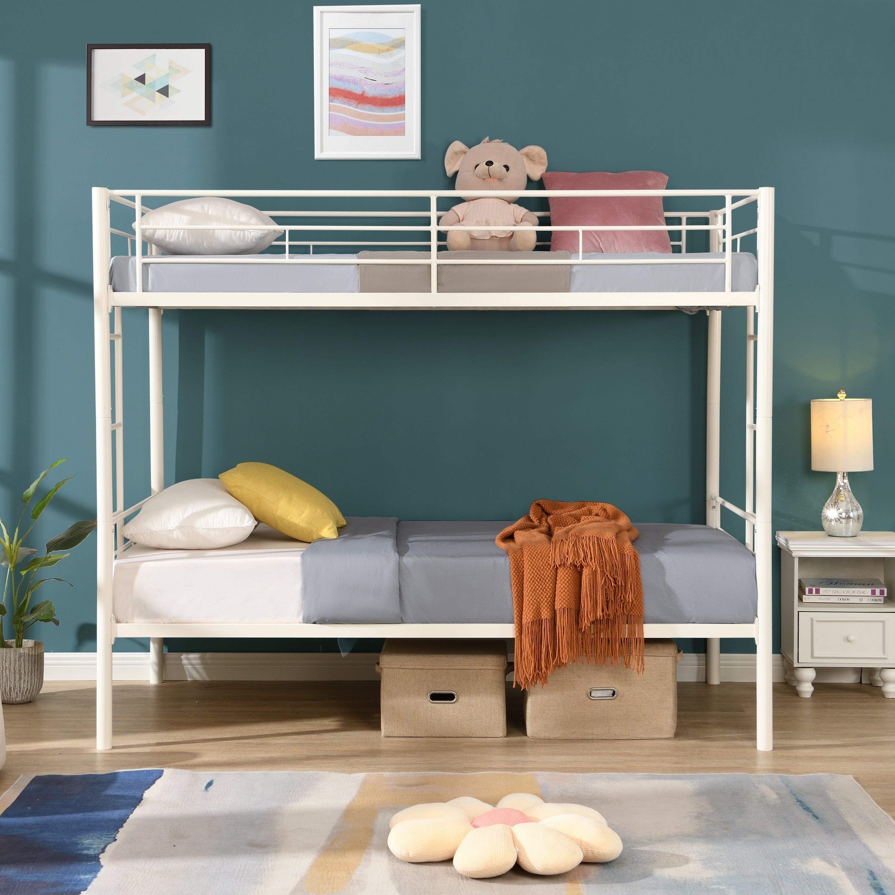 HAOYYE Twin Over Twin Metal Bunk Bed,Metal Structure Bedframe with Safety Guardrails and 2 ladders,Convertible Bunkbeds,No Spring Box Required and Space Saving Design,White Sturdy Space-Saving Heavy Duty