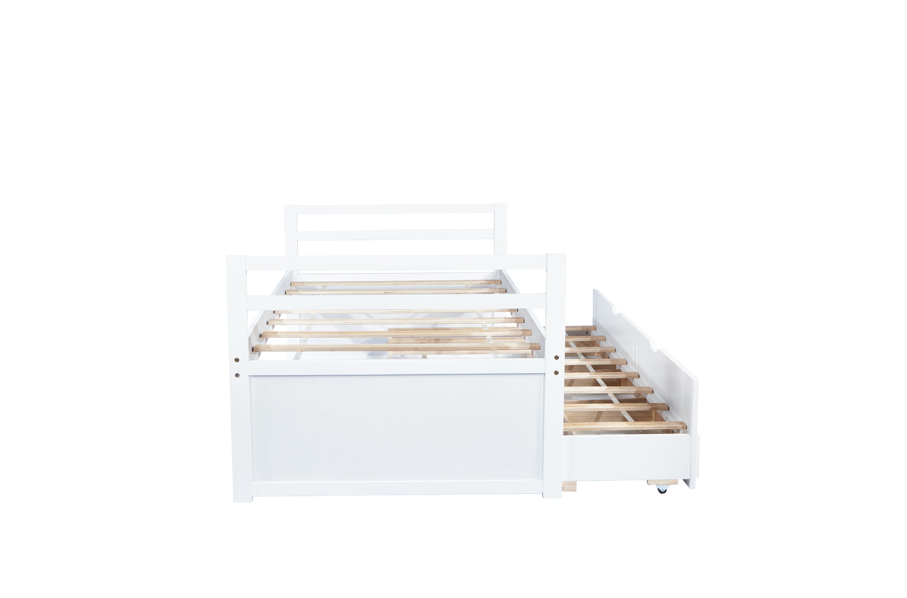 HAOYYE Twin Bed with Headboard, Footboard, Trundle and Storage Drawers, Pine Wood Twin Size Bed, White, Sturdy Space-Saving Heavy Duty Construction, Ideal for Adults and Dorm Rooms