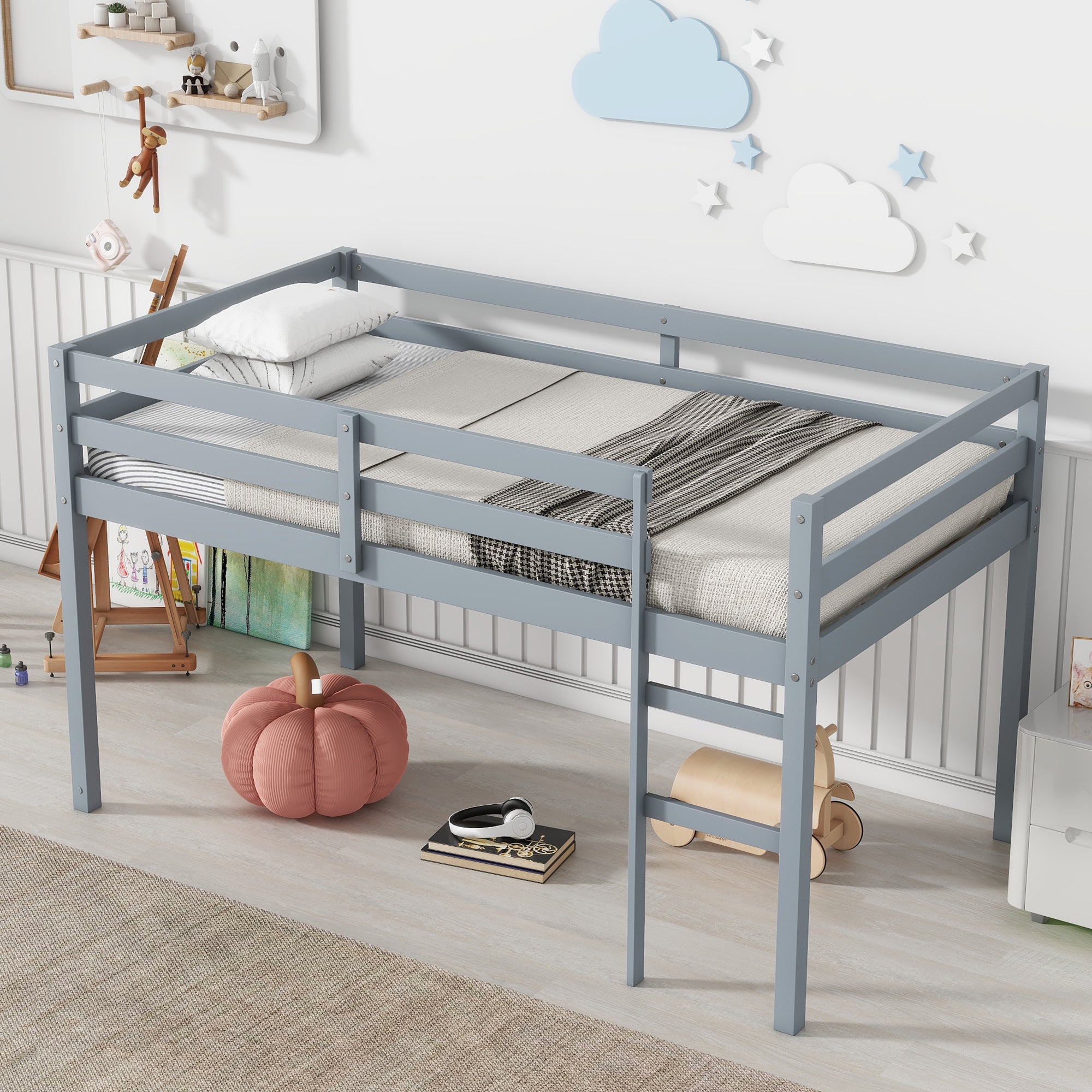 HAOYYE Solid Wooden, Rubber Wooden Twin Loft Bed with Ladder, Bed Platform of Strengthened Slats , Grey Sturdy Space-Saving Heavy Duty Modern Design Adults Dorm Room Easy Assembly Bedroom Furniture