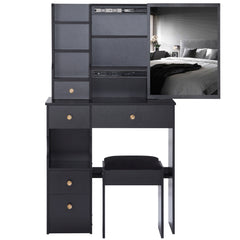 HAOYYE Small Size Left Drawer Desktop Vanity Table + Cushioned Stool, Extra Large Sliding Mirror, Multi Layer, High Capacity Storage Fashionable Dresser, Suitable for Small Space, EPA,GCC,UL Certificate