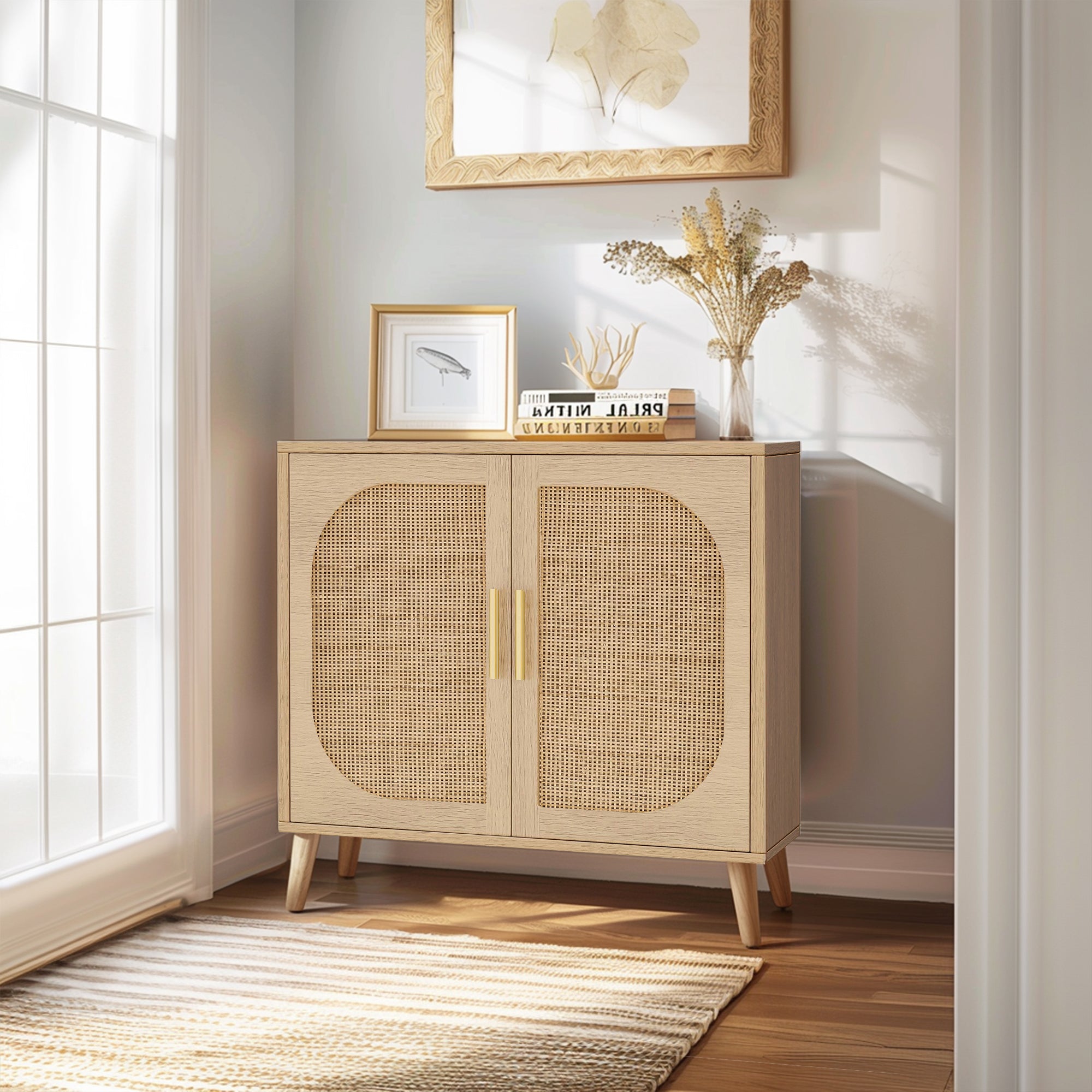 HAOYYE Buffet Cabinet with Storage, Accent Bathroom Floor Cabinet with Two Doors and Four Compartments, Solid Wood Feet, Modern Sideboard for Hallway, Entry, Living Room