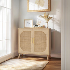 HAOYYE Buffet Cabinet with Storage, Accent Bathroom Floor Cabinet with Two Doors and Four Compartments, Solid Wood Feet, Modern Sideboard for Hallway, Entry, Living Room