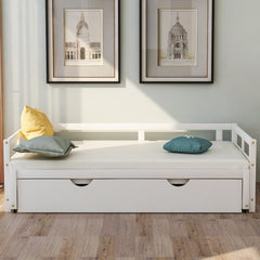 HAOYYE Extending Daybed with Trundle, Wooden Daybed with Trundle, White Sturdy Space-Saving Heavy Duty Modern Design Easy Assembly Durable Stylish Home Furniture Versatile
