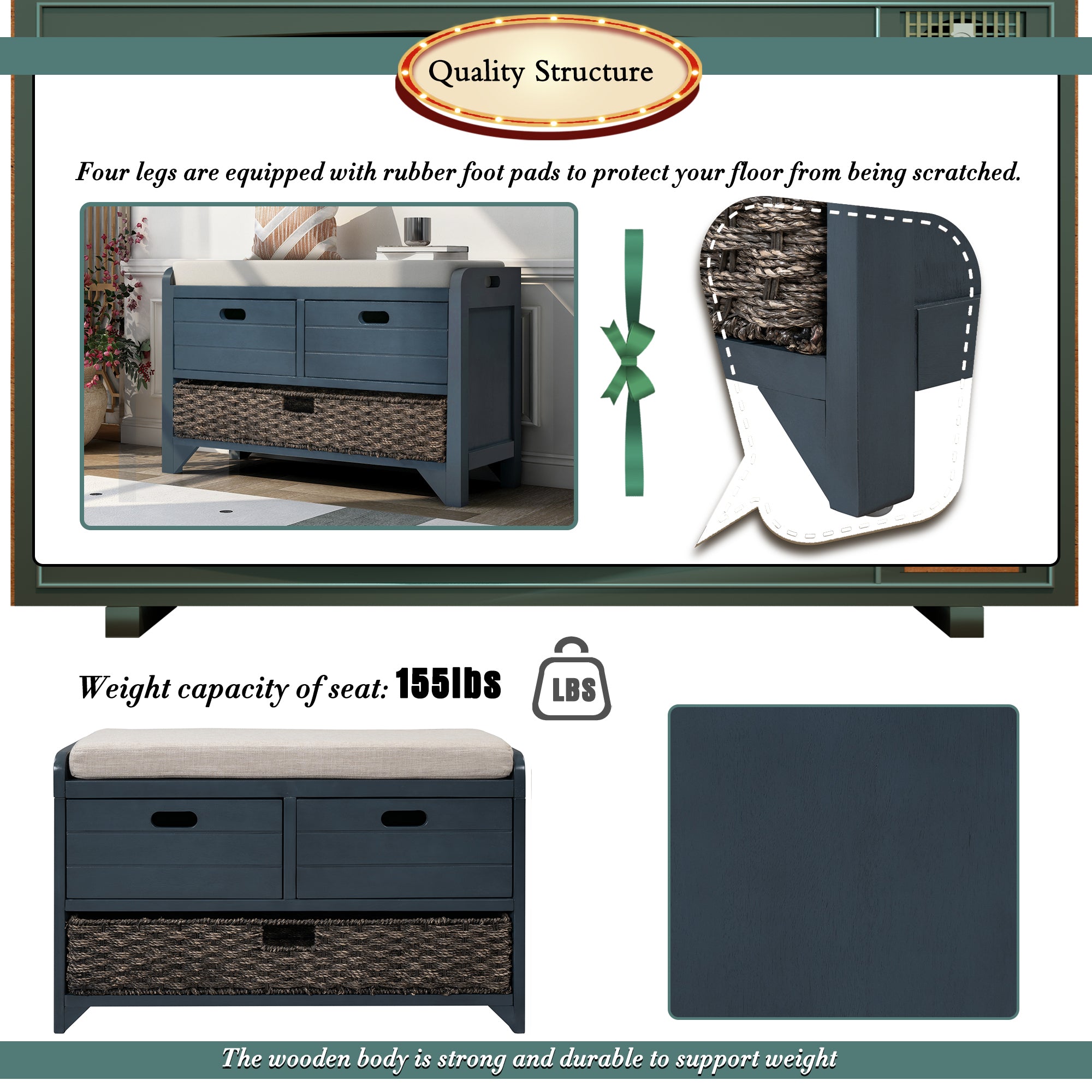HAOYYE Storage Bench with Removable Basket and Two Drawers, Fully Assembled Shoe Bench with Removable Cushion, Navy, Sturdy Space-Saving Design, Heavy Duty Construction, Easy Assembly, Durable and Stylish Home Furniture