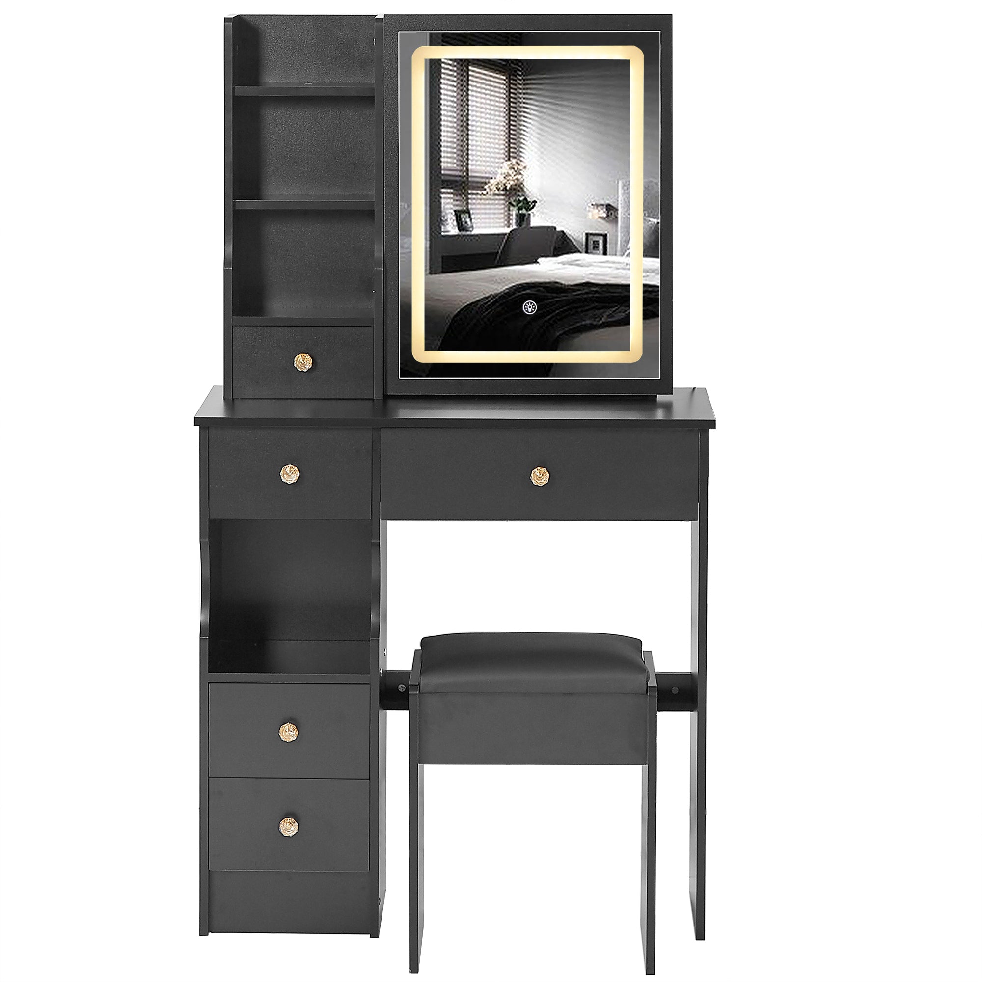 HAOYYE Small Size Left Drawer Desktop Vanity Table + Cushioned Stool, Touch Control Sliding LED Mirror, Tri-color Switching, Brightness Adjust, Multi Layer, Suitable for Small Space, EPA,GCC,UL Certificate
