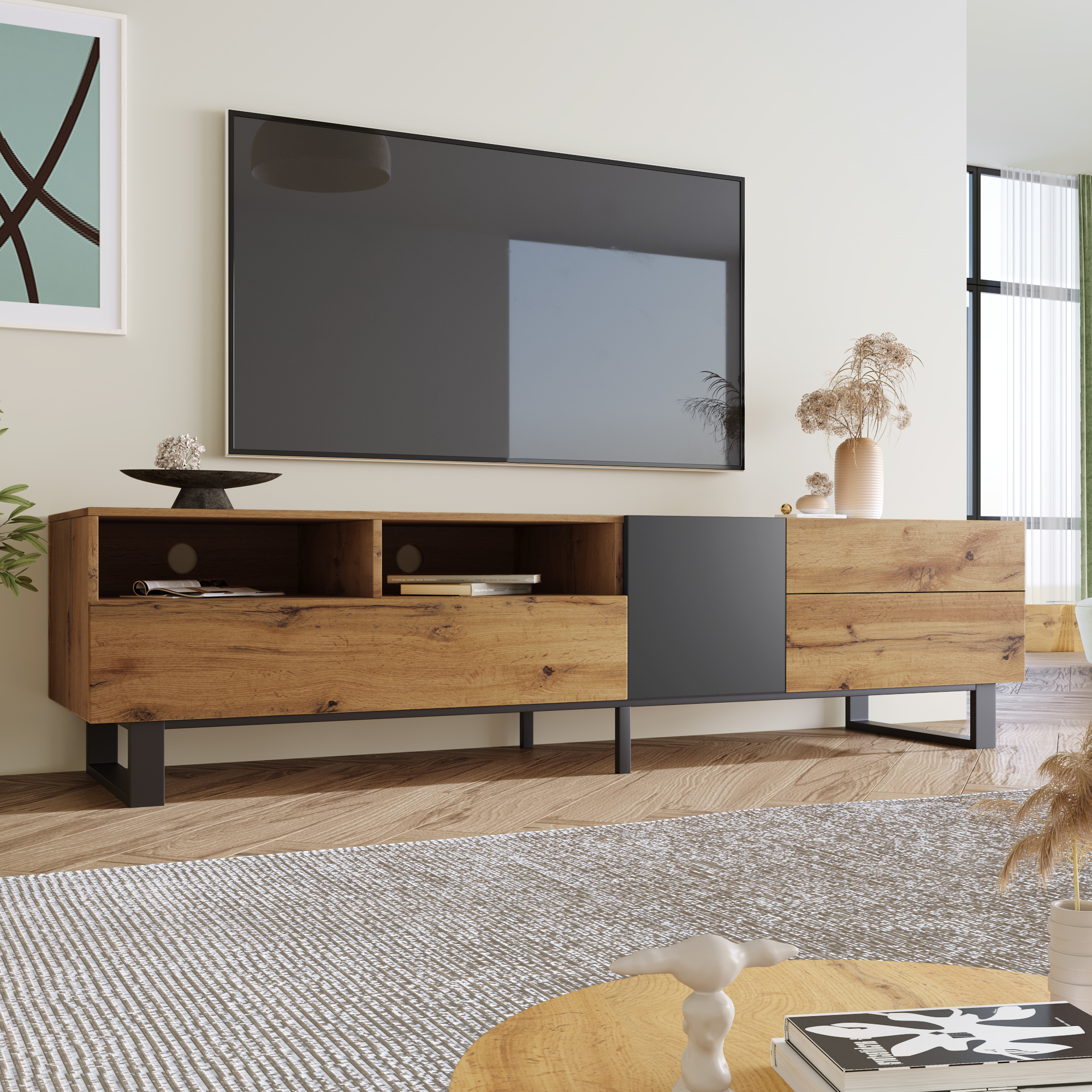 HAOYYE Modern TV Stand for 80'' TV with Double Storage Space, Media Console Table, Entertainment Center with Drop Down Door for Living Room, Bedroom, Home Theatre Sturdy Space-Saving Heavy Duty Modern Design