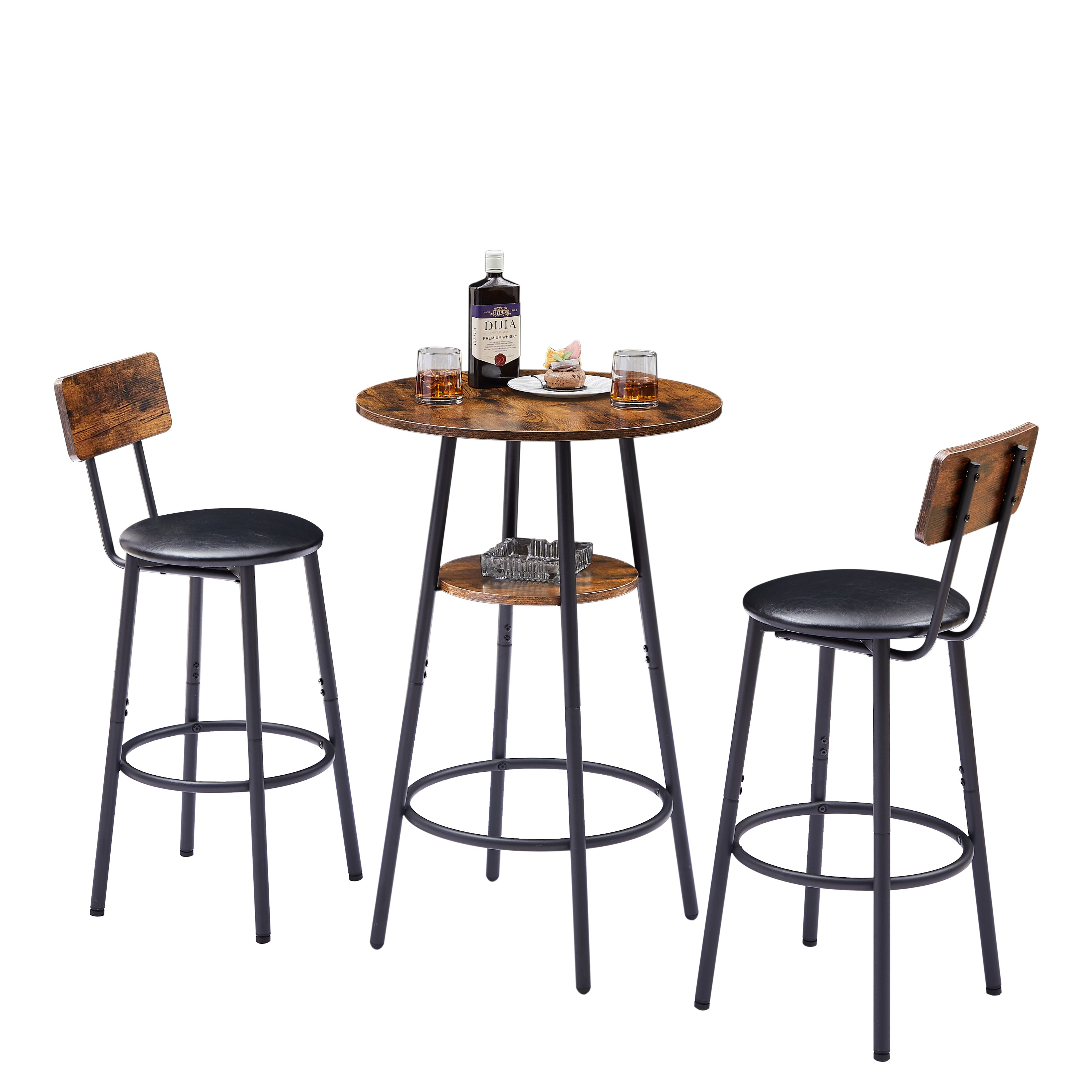 HAOYYE Round Bar Stool Set with Shelf, Upholstered Stool with Backrest, Rustic Brown, Sturdy Space-Saving Heavy Duty Design, Easy Assembly, Stylish and Durable, Ideal for Small Spaces