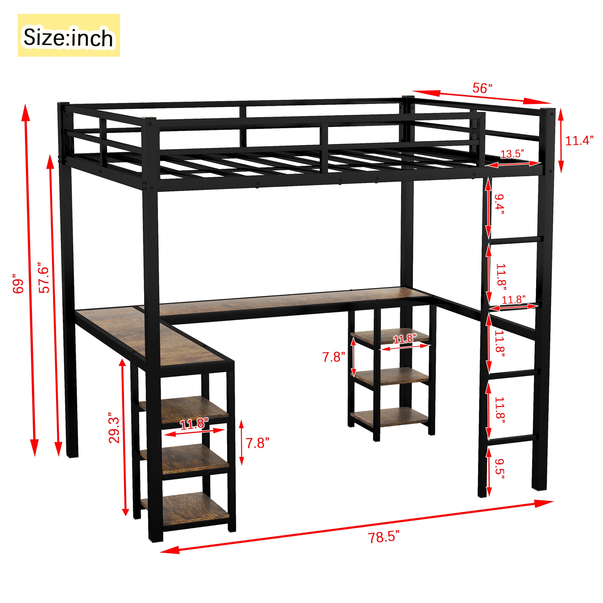 HAOYYE Full Metal Loft Bed with Desk and Shelves, Loft Bed with Ladder and Guardrails, Loft Bed Frame for Bedroom, Black with Vintage wood-colored desk Sturdy Space-Saving Heavy Duty