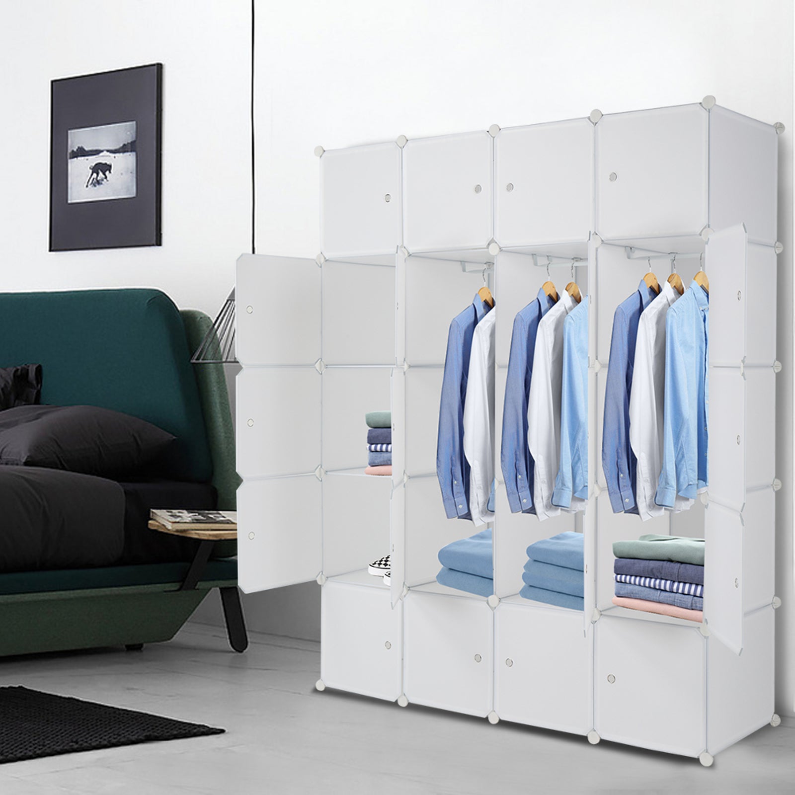 HAOYYE Modular 20-Cube Plastic Storage Organizer with Hanging Rod, Stackable Closet Shelves, Durable Multipurpose Storage Cabinet, Space-Saving Design for Clothes, Shoes, Accessories, Bedroom, Living Room, Office, White