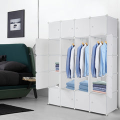 HAOYYE Modular 20-Cube Plastic Storage Organizer with Hanging Rod, Stackable Closet Shelves, Durable Multipurpose Storage Cabinet, Space-Saving Design for Clothes, Shoes, Accessories, Bedroom, Living Room, Office, White