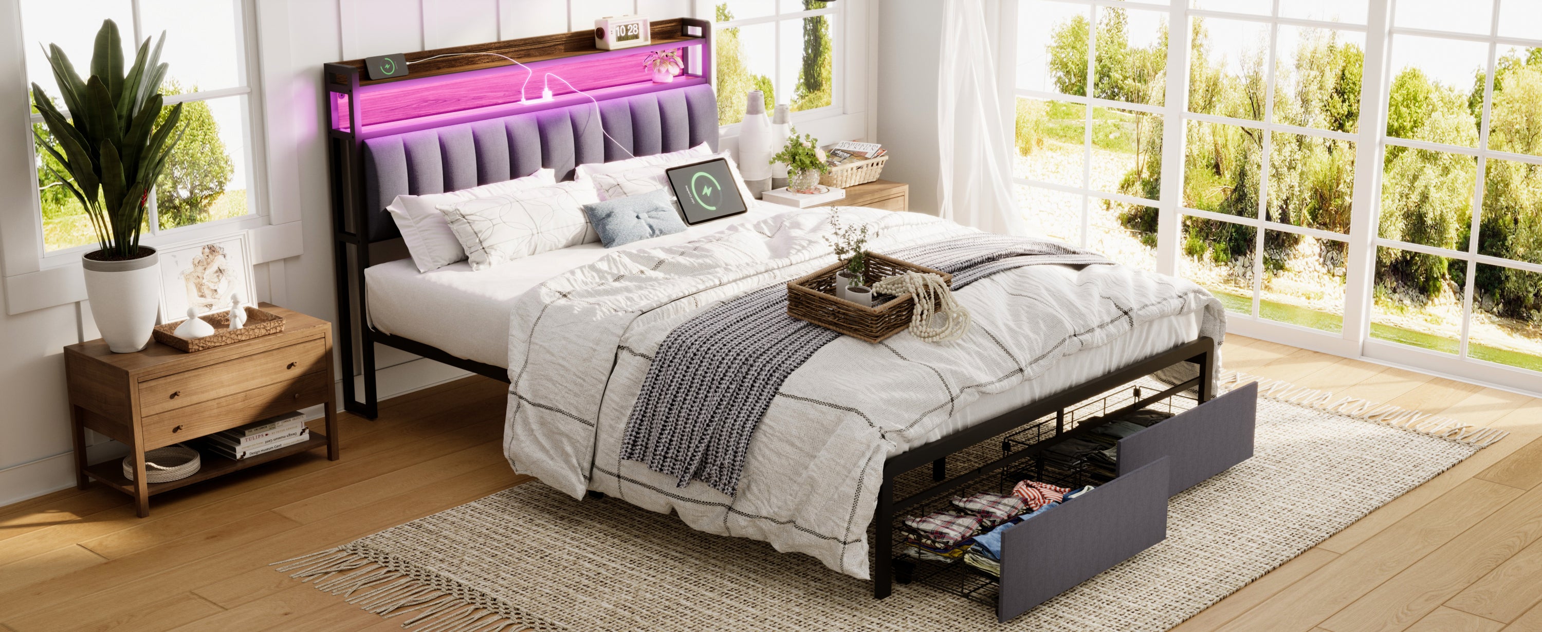HAOYYE Queen Bed Frame with Storage Headboard and Drawers, LED Upholstered Platform Bed Frame with Built-in Charging Station, No Box Spring Needed, Easy Assembly, Sturdy and Space-Saving Design in Grey for Adults
