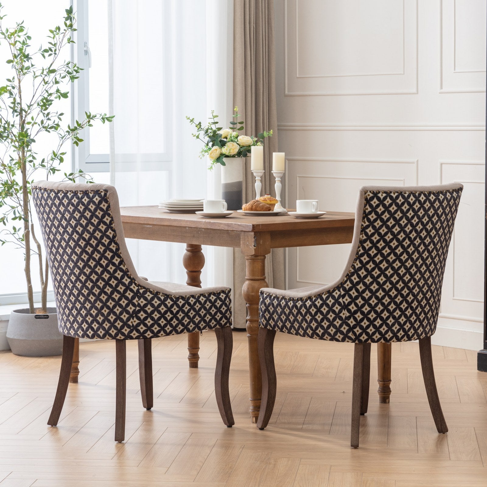 HAOYYE Ultra Side Dining Chair, Thickened fabric chairs with neutrally toned solid wood legs, Bronze nail head, Set of 2, Beige and Patterned,SW2207BG Sturdy Space-Saving Heavy Duty