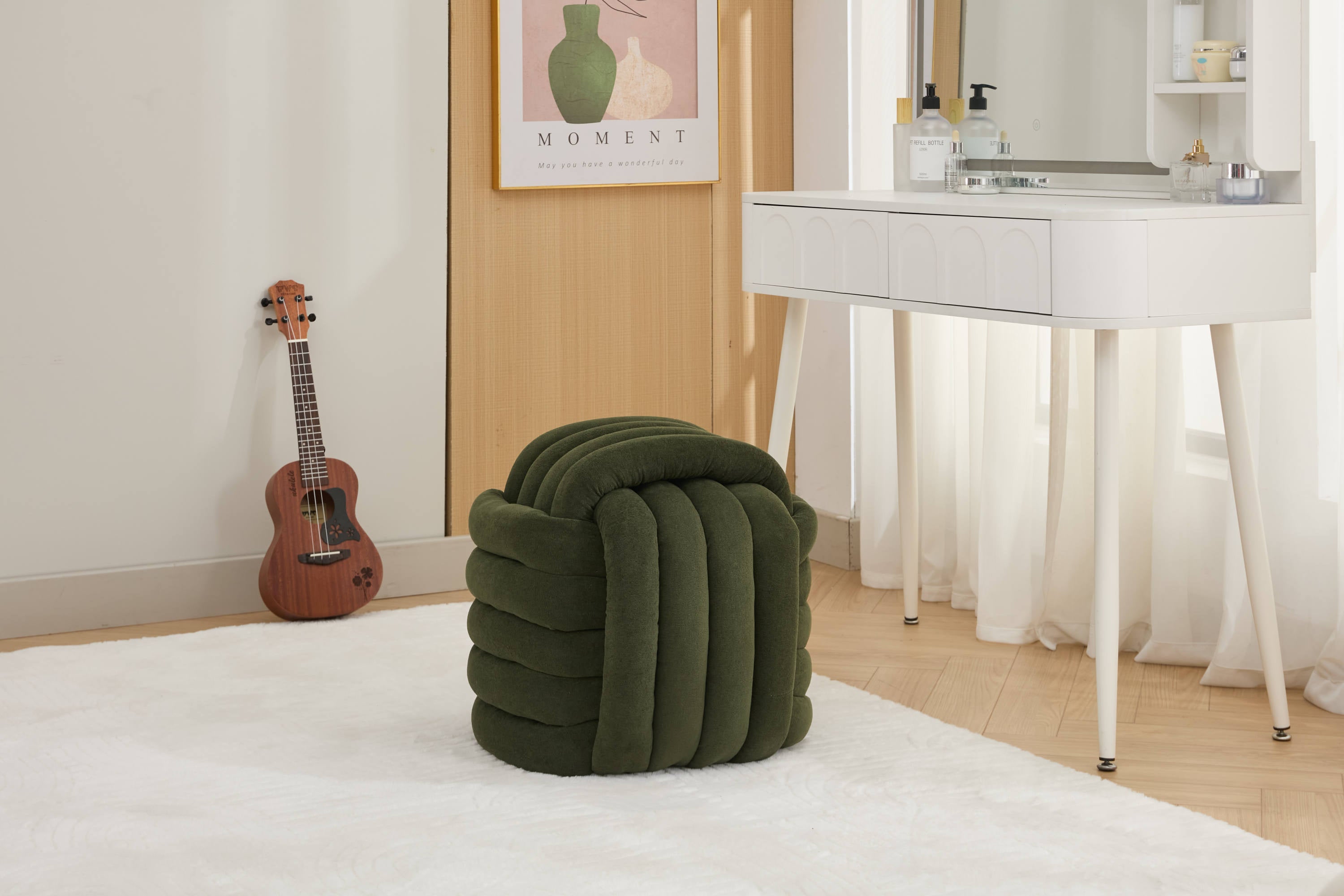 Haoyye Modern Chenille Fabric Knot Design Ottoman Makeup Stool Footstool, Comfortable and Stylish Seat, Perfect for Living Room and Bedroom, Space-Saving Heavy Duty Construction, Durable Furniture for Adults Dorm Room