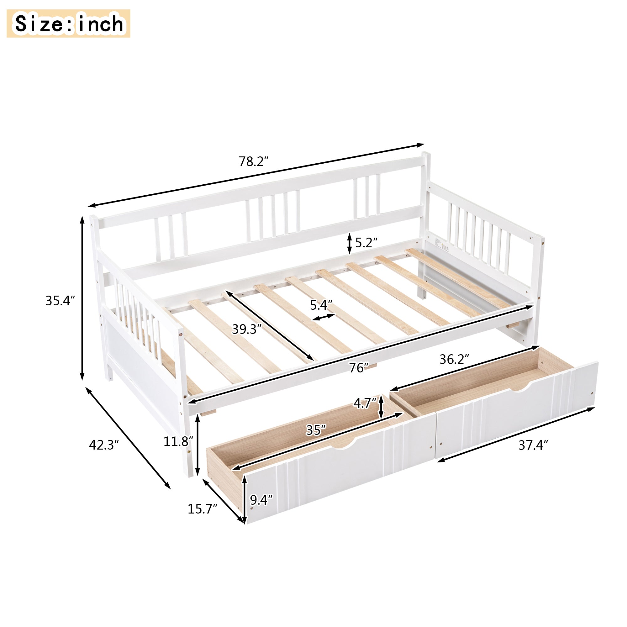 HAOYYE Twin Daybed with Two Drawers, White Wood Bed Frame, Sturdy Space-Saving Design, Heavy Duty Construction, Ideal for Bedroom, Dorm Room, Easy Assembly