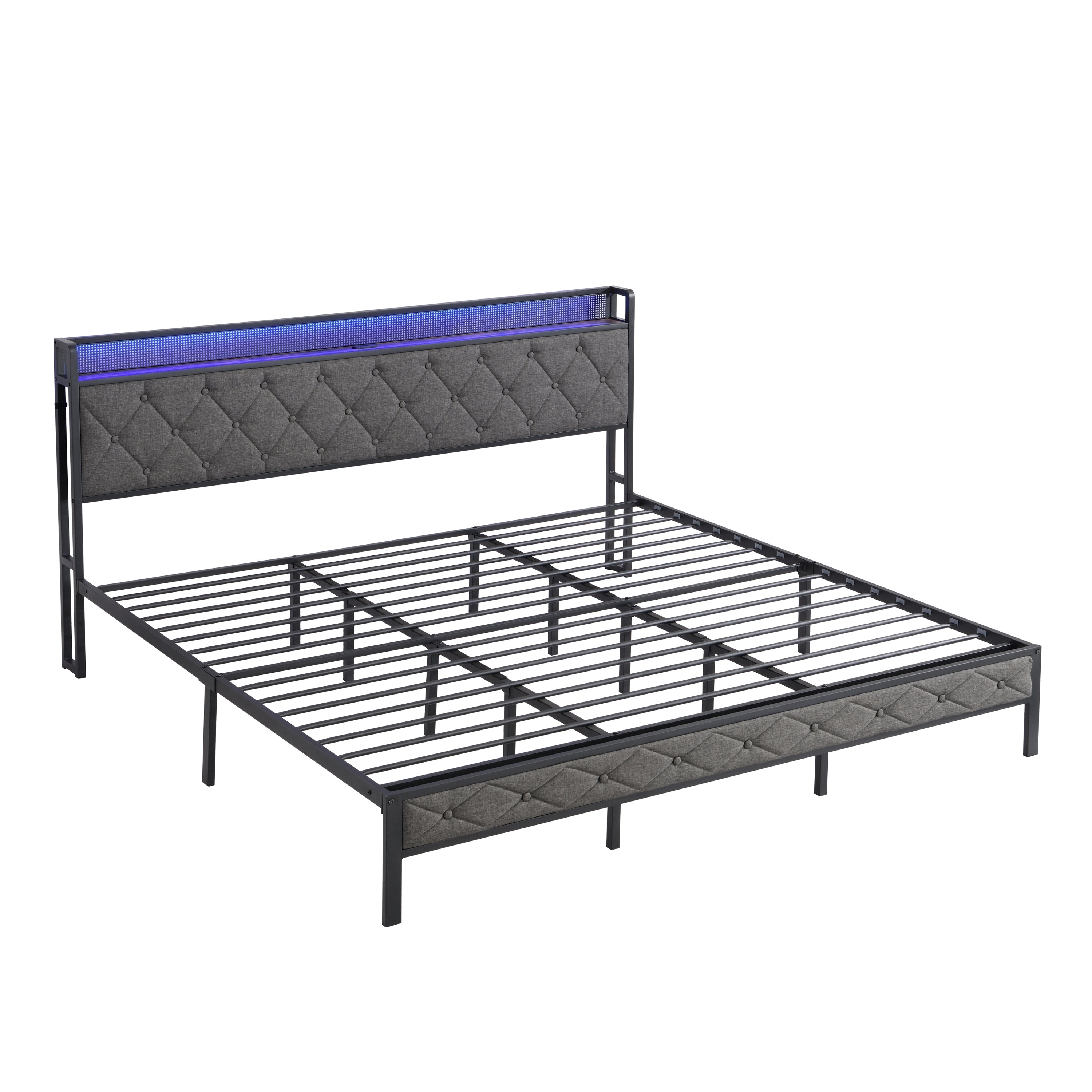 HAOYYE King Bed Frame with Storage Headboard, Charging Station and LED Lights, Upholstered Platform Bed with Heavy Metal Slats, No Box Spring Needed, Noise Free, Easy Assembly, Dark Gray Sturdy Space-Saving
