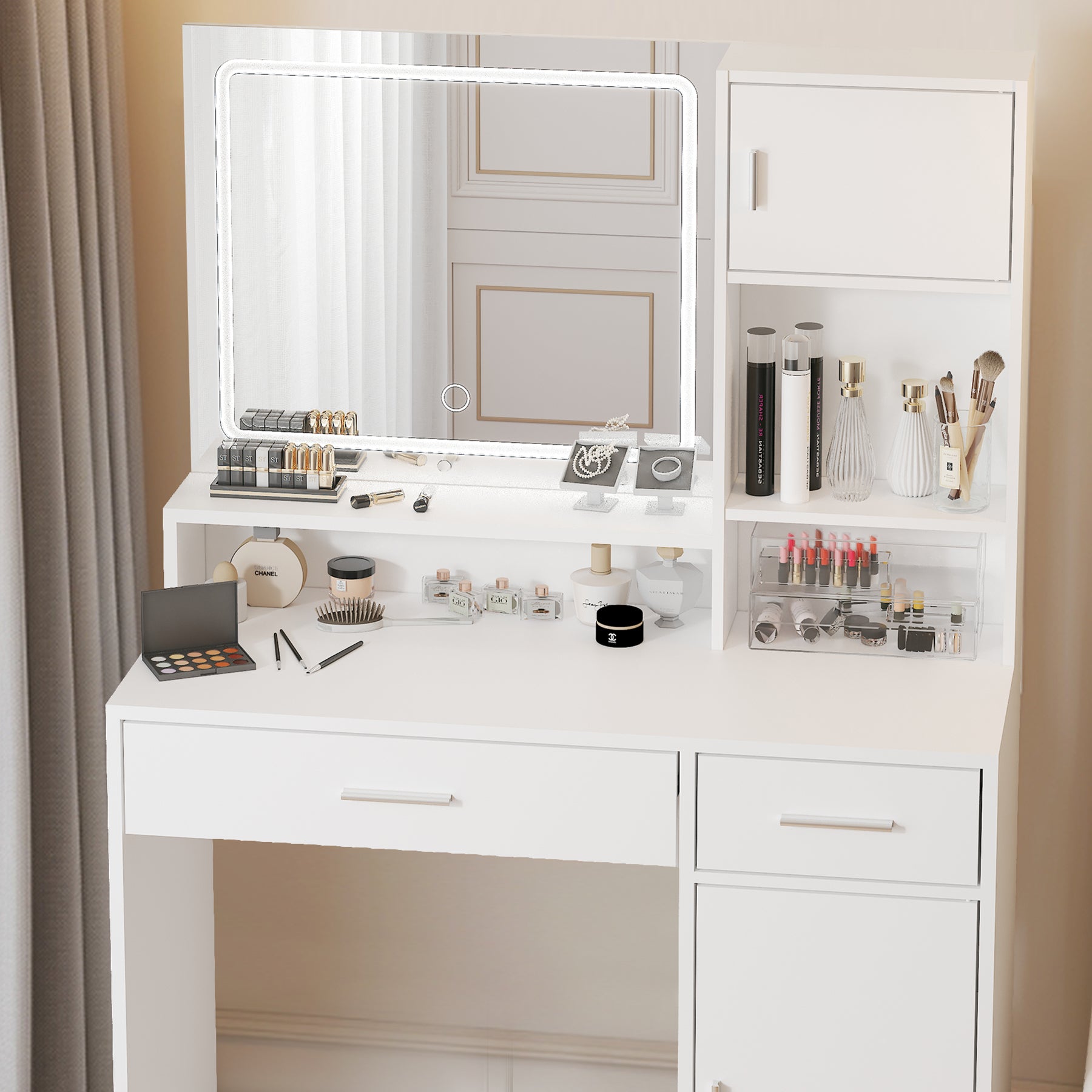 HAOYYE Vanity Desk With Mirror And LED Lighting, Dressing Table With Large Drawer And Multiple Storage Levels, 3 Lighting Modes With Adjustable Brightness, Modern White Design For Bedroom, Sturdy Space-Saving Construction