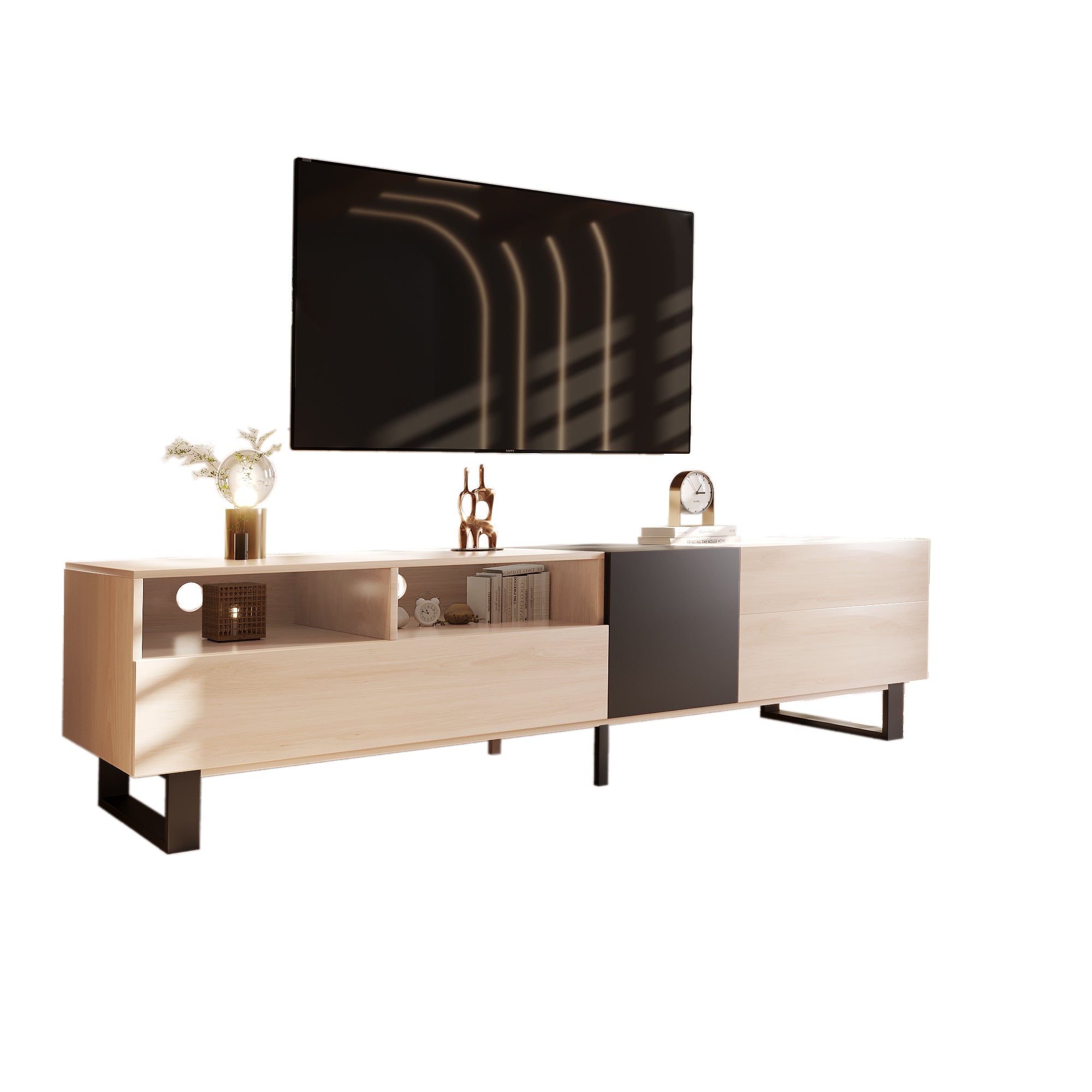 HAOYYE Modern TV Stand For 80 Inch TV With Double Storage Space And Drop Down Door, Media Console Table And Entertainment Center For Living Room, Bedroom And Home Theatre, Featuring Sturdy Space Saving Heavy Duty Construction And Sleek Contemporary Design