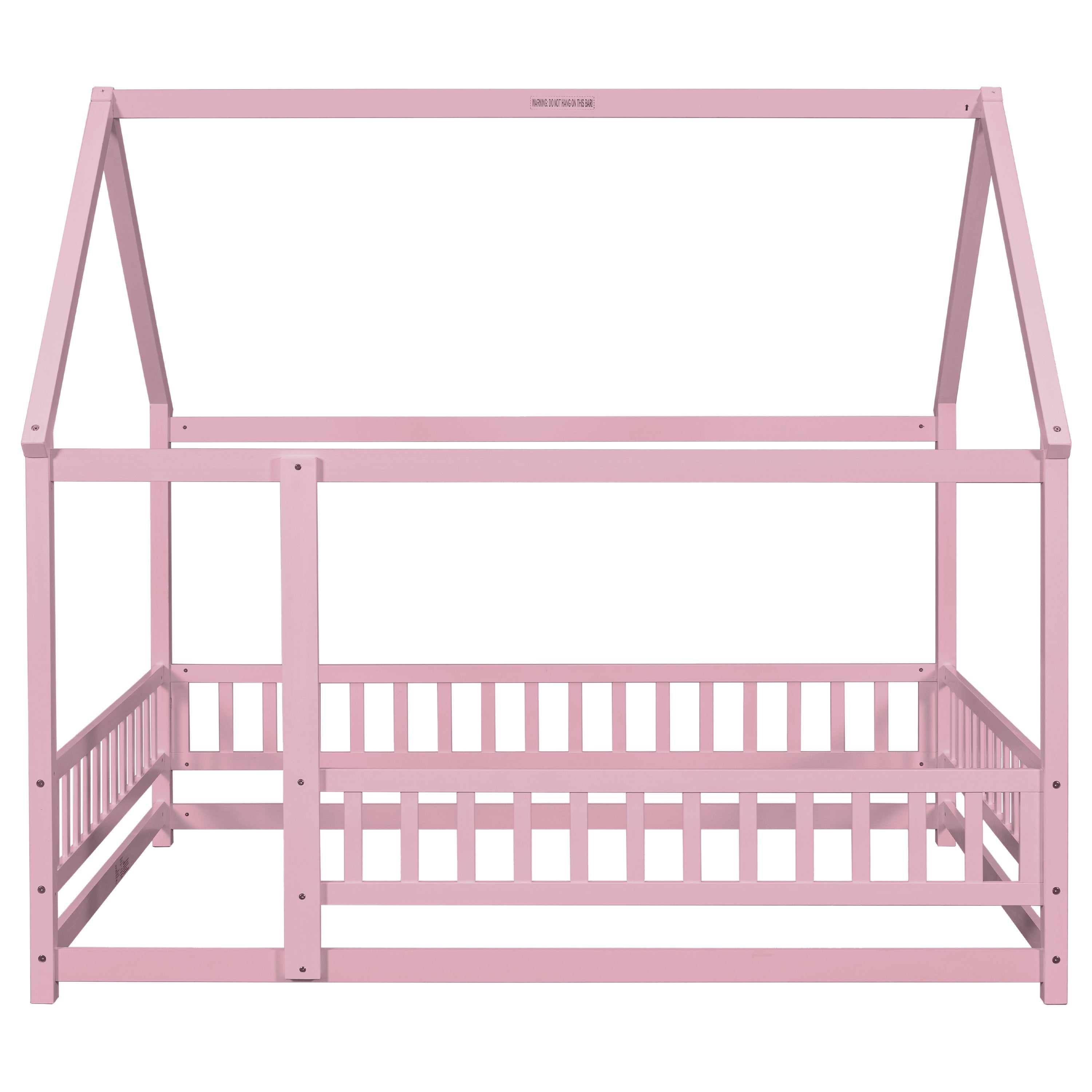 HAOYYE Full Size Floor Wooden Bed with House Roof Frame, Fence Guardrails ,Pink Sturdy Space-Saving Heavy Duty Modern Design Easy Assembly Durable Stylish Home Furniture Versatile