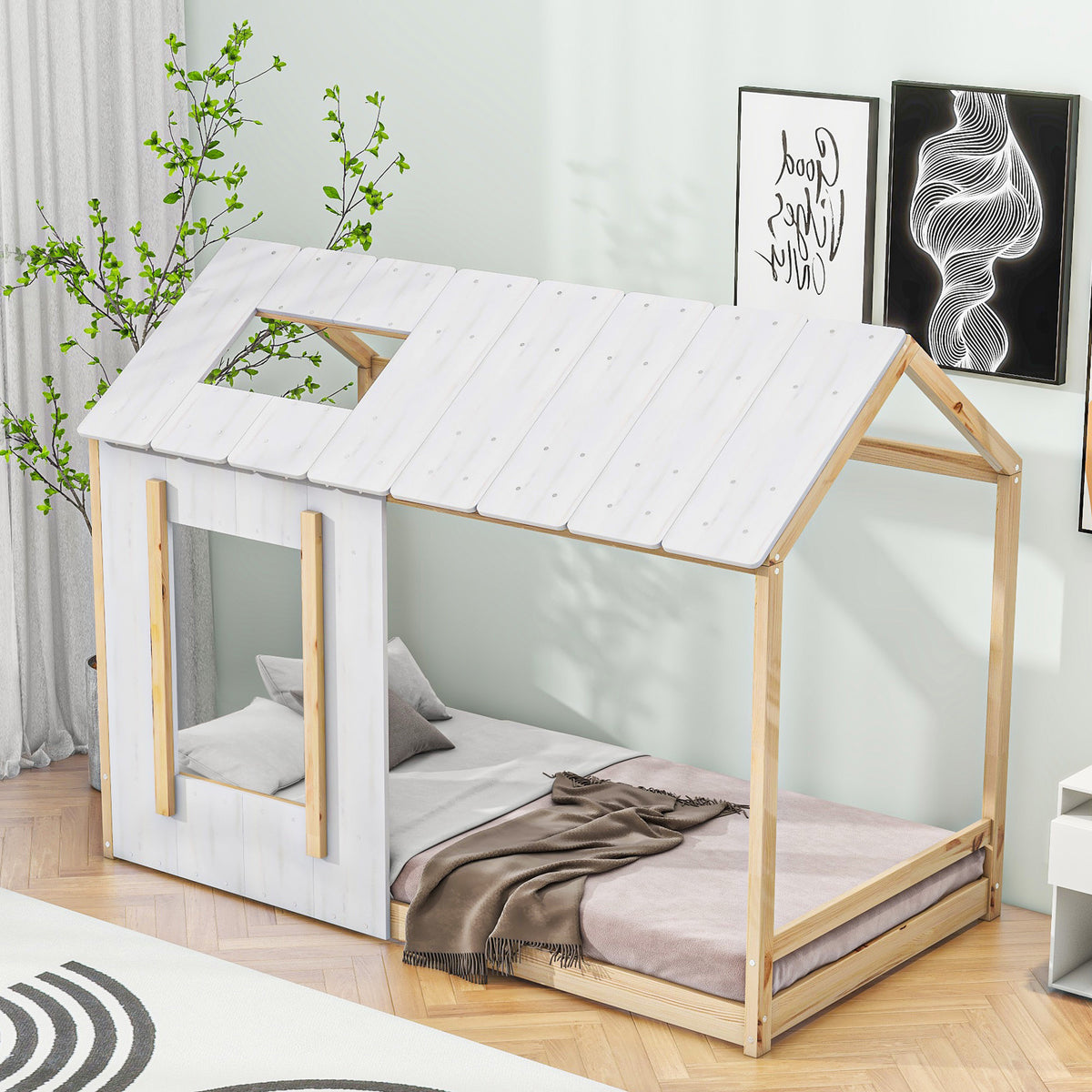 HAOYYE Twin Size House Platform with Roof and Window , White+Natural Sturdy Space-Saving Heavy Duty Modern Design Easy Assembly Durable Stylish Home Furniture Versatile