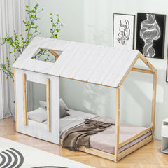 HAOYYE Twin Size House Platform with Roof and Window , White+Natural Sturdy Space-Saving Heavy Duty Modern Design Easy Assembly Durable Stylish Home Furniture Versatile