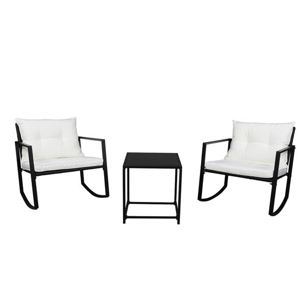 HAOYYE 3 Piece Outdoor Rocking Chair Set with Coffee Table, Black PE Rattan Patio Furniture with Tempered Glass Top and Beige Cushions, Weather Resistant Wicker Conversation Set for Balcony Garden Deck Porch