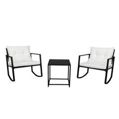 HAOYYE 3 Piece Outdoor Rocking Chair Set with Coffee Table, Black PE Rattan Patio Furniture with Tempered Glass Top and Beige Cushions, Weather Resistant Wicker Conversation Set for Balcony Garden Deck Porch