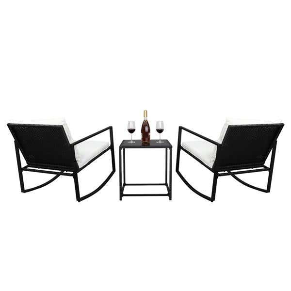 HAOYYE 3 Piece Outdoor Rocking Chair Set with Coffee Table, Black PE Rattan Patio Furniture with Tempered Glass Top and Beige Cushions, Weather Resistant Wicker Conversation Set for Balcony Garden Deck Porch
