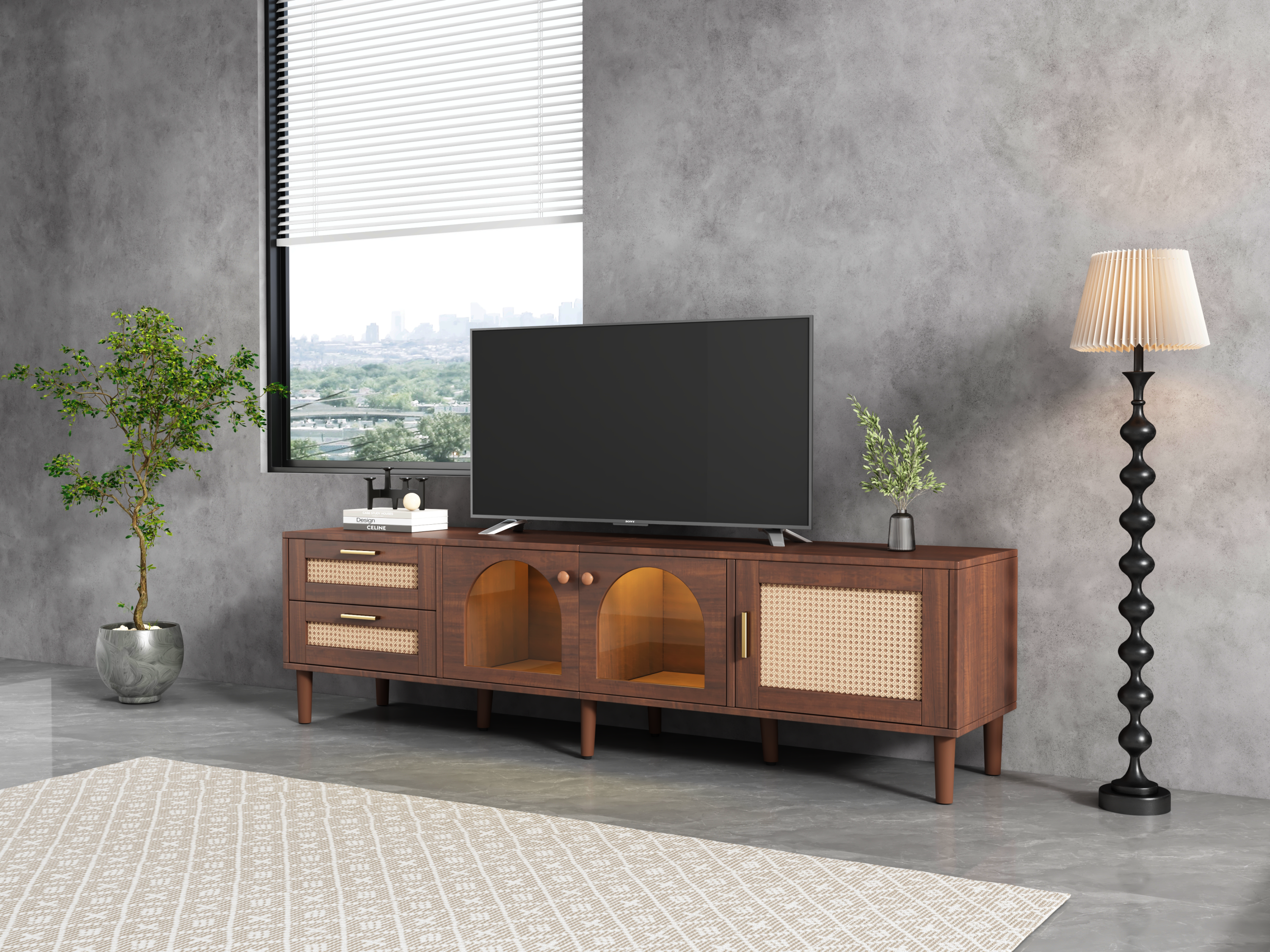 HAOYYE Rattan TV Stand with 3 Cabinets & 2 Drawers, Rattan-Inspired Media Console Table for TVs up to 80", LED Light Entertainment Center, TV Cabinet for Living Room, Bedroom, Home Theater, Sturdy Heavy Duty Construction