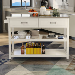 HAOYYE Kitchen Cart with Stainless Steel Tabletop, Two Drawers, and Storage Shelves, White, Sturdy Space-Saving Design, Heavy Duty Construction, Easy Assembly, Durable and Stylish Home Furniture