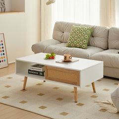 HAOYYE 41.34" Rattan Coffee Table with Sliding Door Storage, Solid Wood Legs, Modern Design for Living Room, White, Sturdy Space-Saving Heavy Duty Construction, Easy Assembly, Ideal for Adults and Dorm Rooms