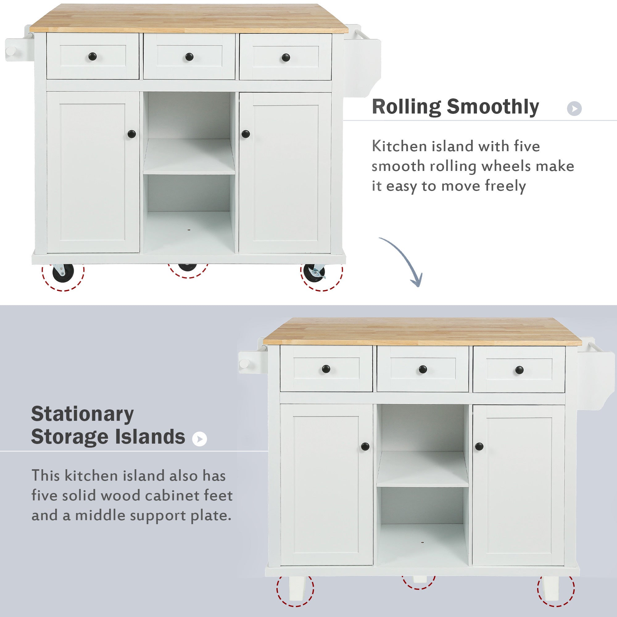 HAOYYE Kitchen Cart with Rubber wood Drop-Leaf Countertop ,Cabinet door internal storage racks,Kitchen Island on 5 Wheels with Storage Cabinet and 3 Drawers for Dinning Room,White Sturdy Space-Saving Durable