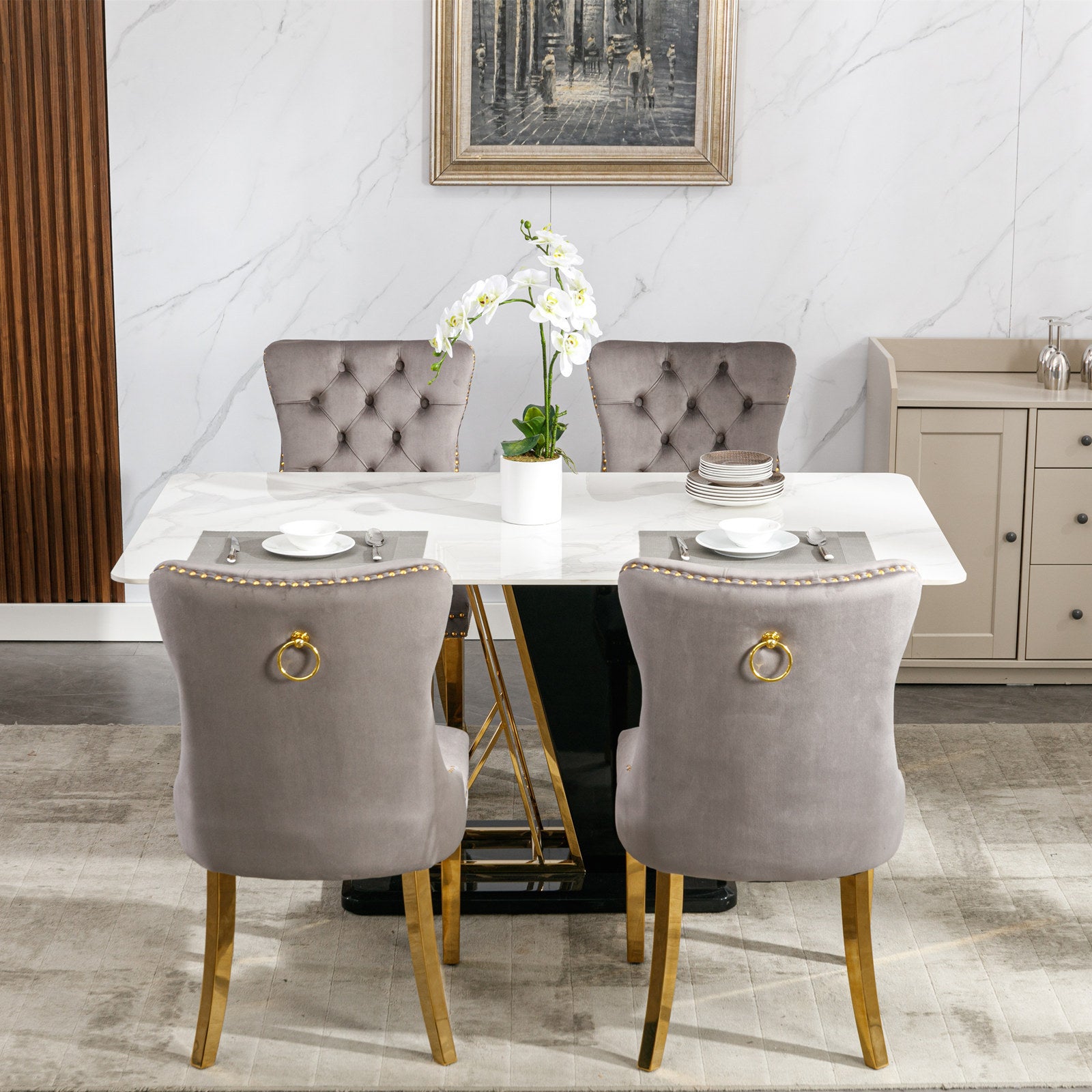HAOYYE High-end Tufted Solid Wood Contemporary Velvet Upholstered Dining Chair with Golden Stainless Steel Plating Legs,Nailhead Trim,Set of 2,Gray and Gold, SW1601GY Sturdy Durable