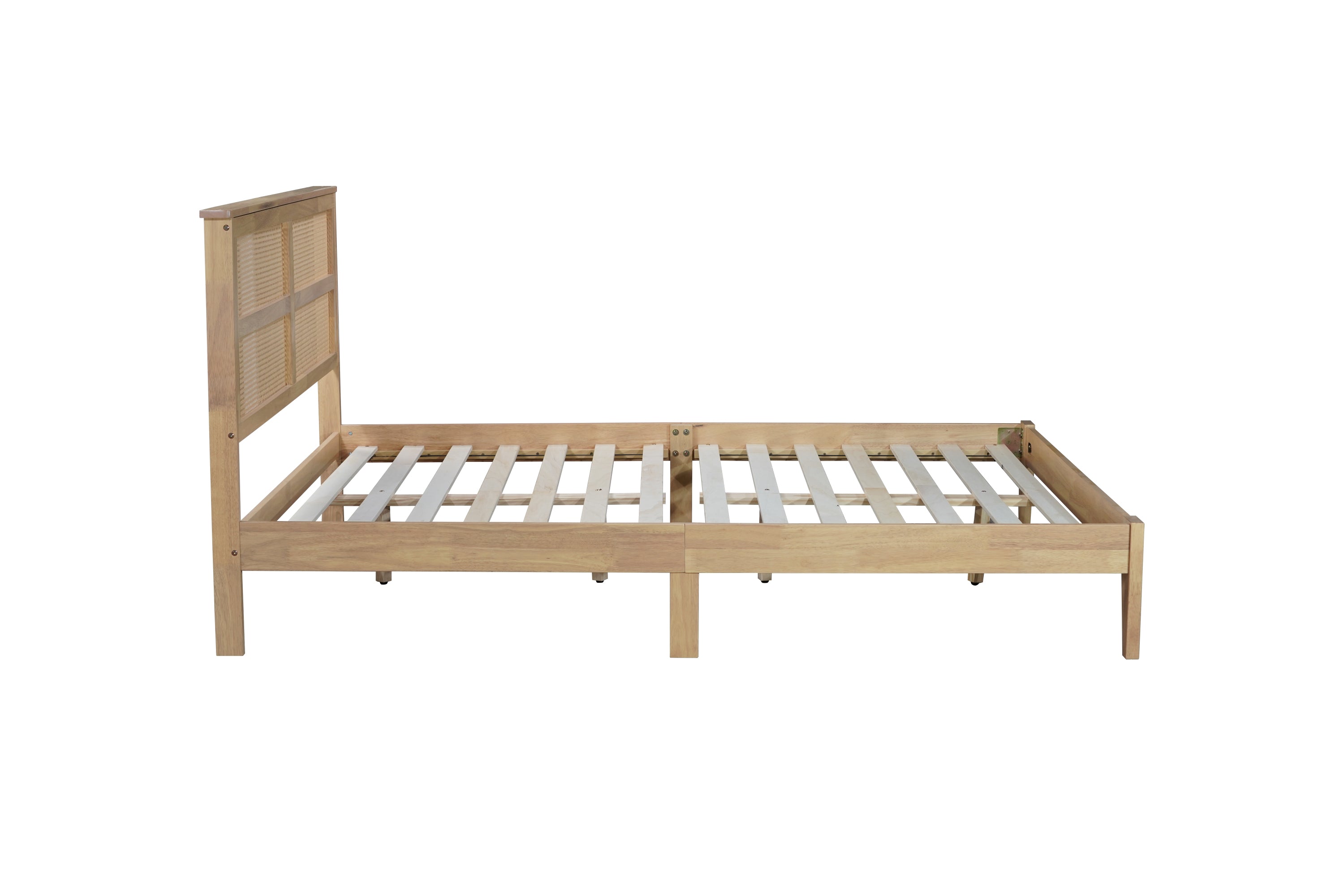 HAOYYE Queen Size Rubber Wooden, Solid Wooden Bed with Rattan Headboard, Enhanced by Support Feet,Oak White Sturdy Space-Saving Heavy Duty Modern Design Adults Dorm Room Easy Assembly Bedroom Furniture
