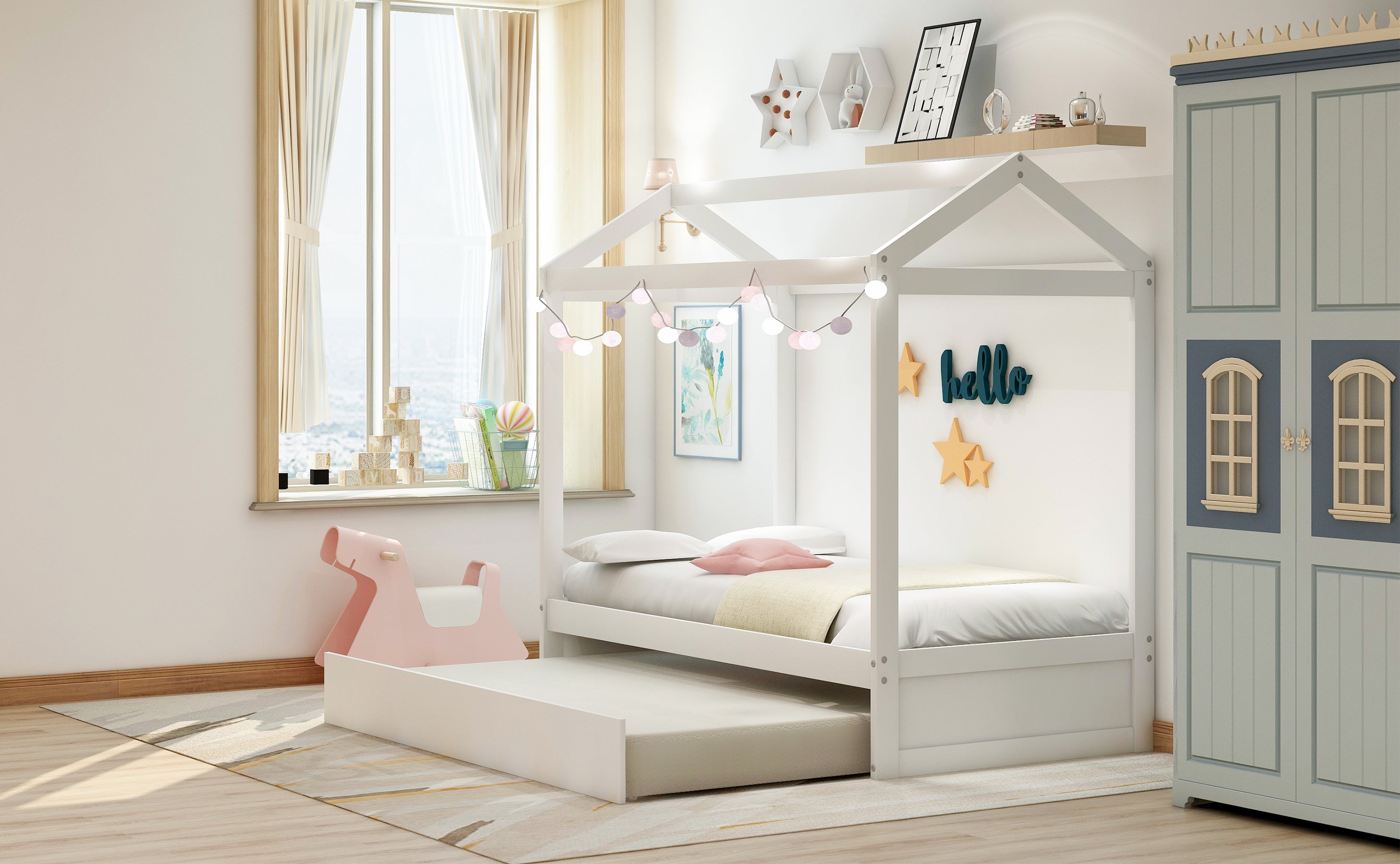 HAOYYE House Bed with Trundle, can be Decorated,White(Old SKU:SM000103AAK) Sturdy Space-Saving Heavy Duty Modern Design Adults Dorm Room Easy Assembly Bedroom Furniture