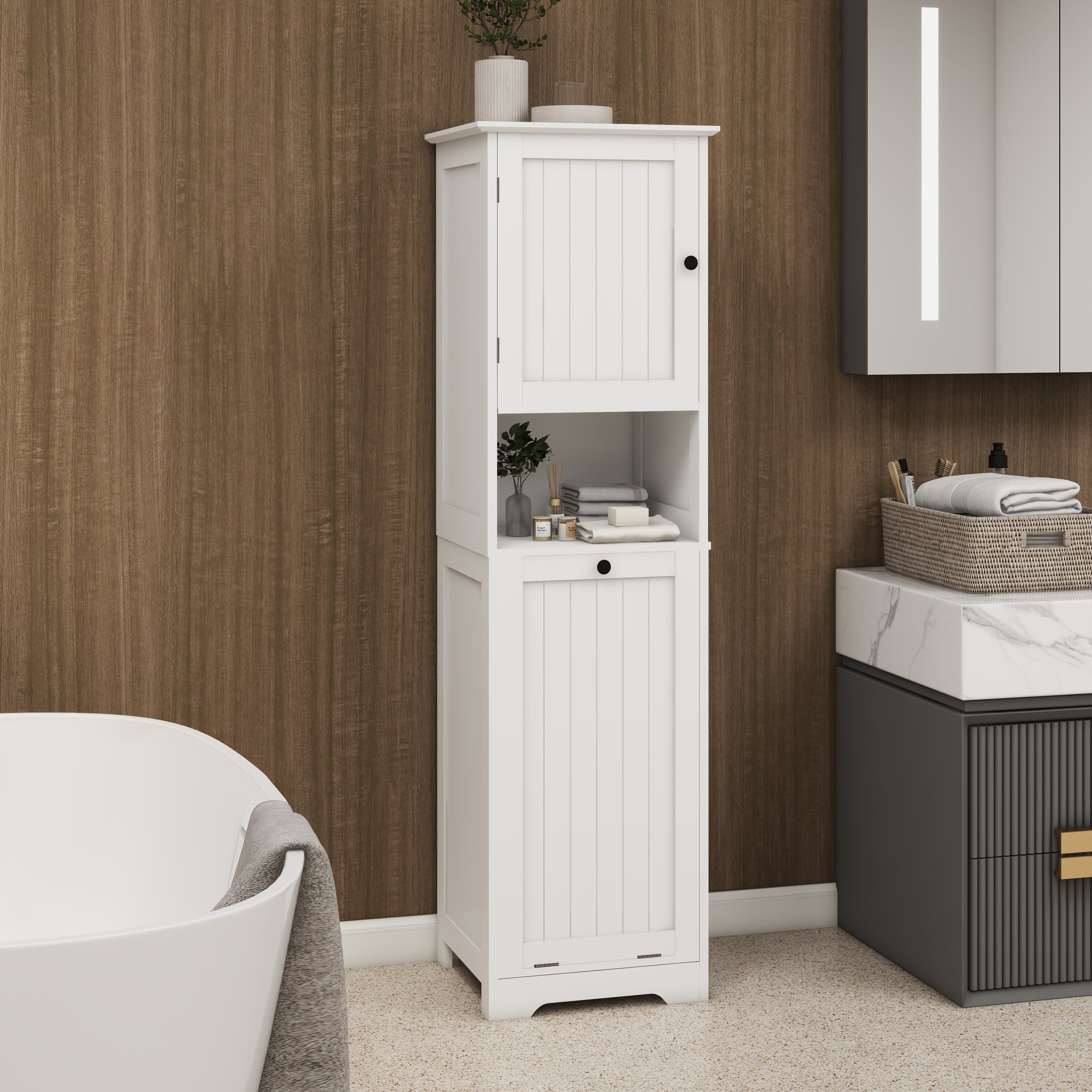 Haoyye One-Compartment Tilt-Out Laundry Sorter Cabinet, Modern Space-Saving Storage Unit with Removable Bag and Top Shelf, Sturdy MDF Construction with UV Finish, Stylish Organizer for Bathroom, Bedroom, or Laundry Room, Easy Assembly