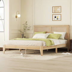 HAOYYE Queen Size Rubber Wooden, Solid Wooden Bed with Rattan Headboard, Enhanced by Support Feet,Oak White Sturdy Space-Saving Heavy Duty Modern Design Adults Dorm Room Easy Assembly Bedroom Furniture
