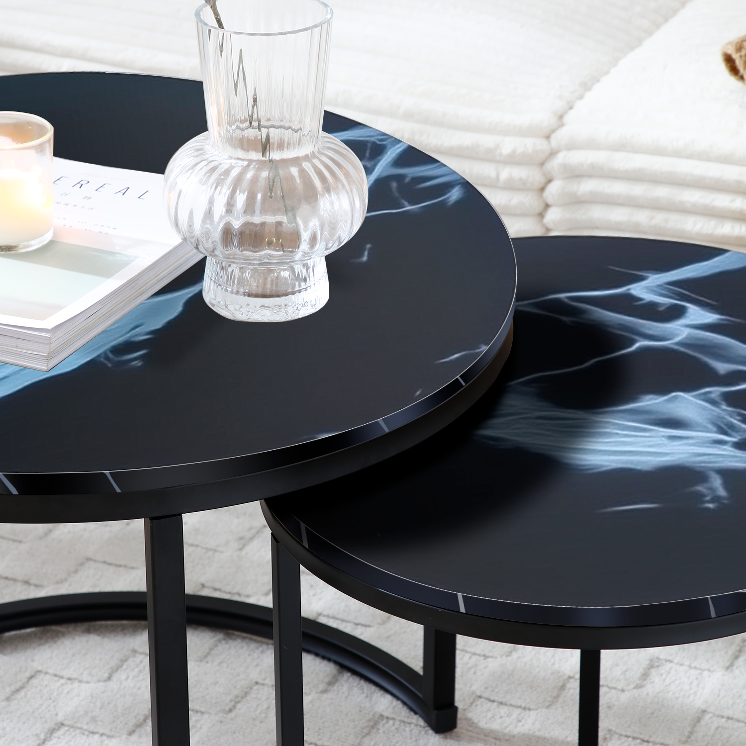HAOYYE Set of 2 Round Nesting Coffee Tables with Black Marble Pattern Top and Metal Frame, Modern Industrial Circular Side Tables for Living Room Bedroom Apartment or Office Use