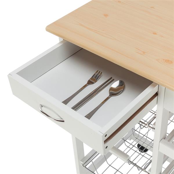 HAOYYE Moveable Kitchen Island Cart with Two Drawers, Three Metal Baskets, and Two Wine Racks, Sturdy Durable Rolling Storage Cart with White Pine Frame, Easy Assembly, Space-Saving, Ideal for Home Kitchens or Dining Rooms