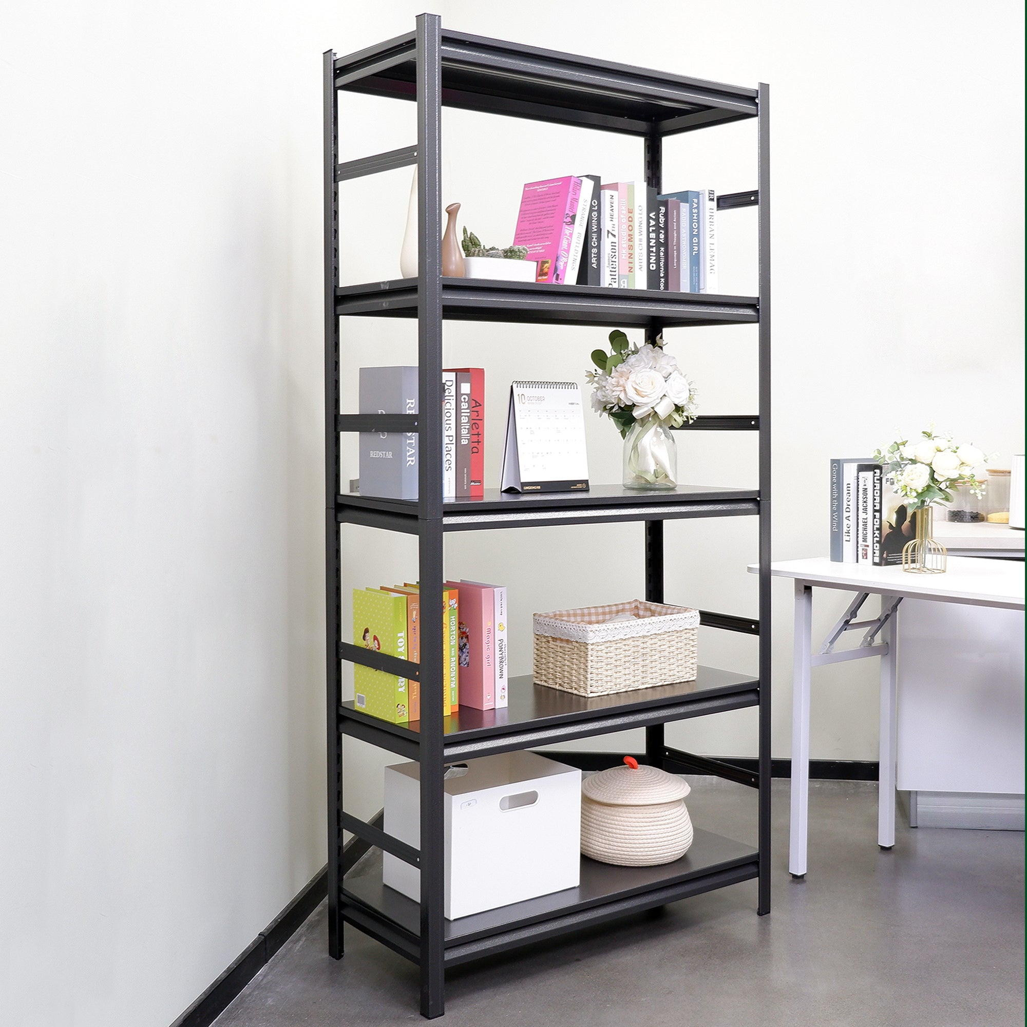 HAOYYE 5-Tier Heavy Duty Metal Storage Shelves, Adjustable Shelving Unit for Kitchen, Garage, Pantry, Office, Sturdy Space-Saving Design, Modern Storage Rack for Home, Dorm Room, and More