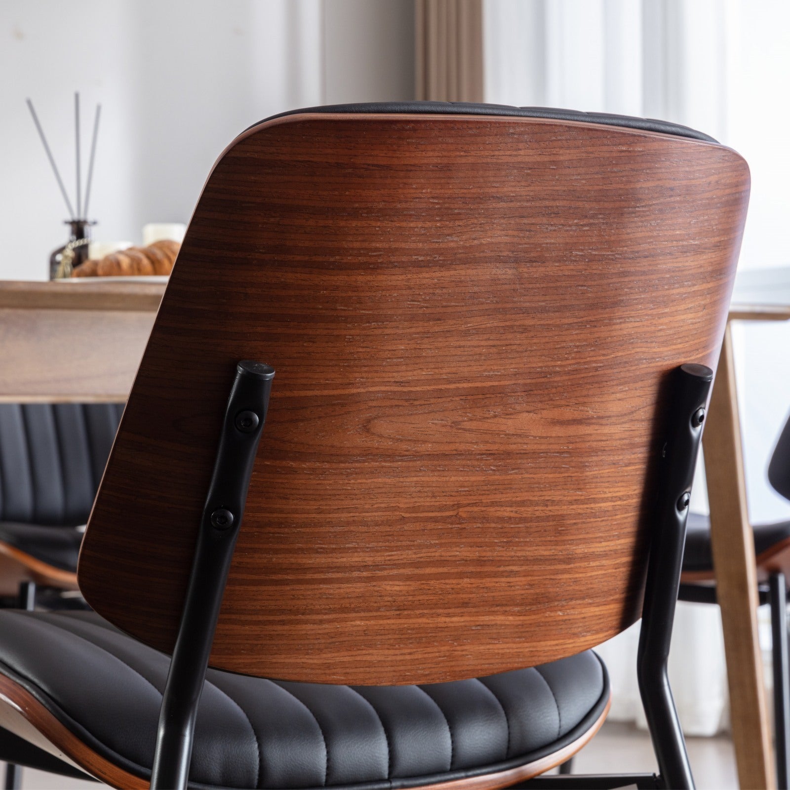 HAOYYE Dining Chairs Set of 2 Mid Century Modern Retro Faux Leather Chair with Walnut Bentwood Back Upholstered Seat Metal Legs Adjustable Foot for Kitchen Dining Room Chairs(Black PU) Sturdy