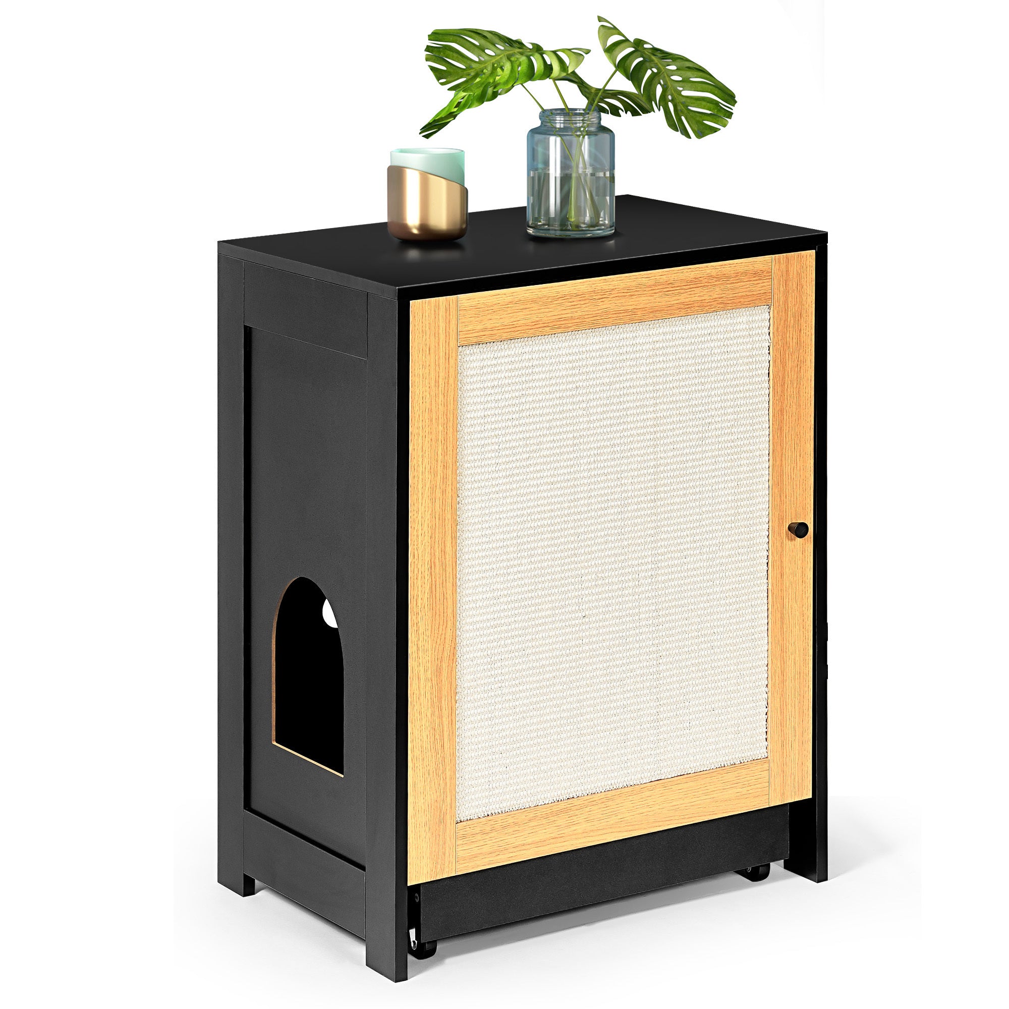 HAOYYE Cat Litter Box Enclosure with Sisal Door, Hidden Cat Washroom and Kitty End Table, Black Modern Litter Cabinet, Sturdy Space-Saving Design, Easy Assembly, Ideal for Bedrooms and Living Rooms