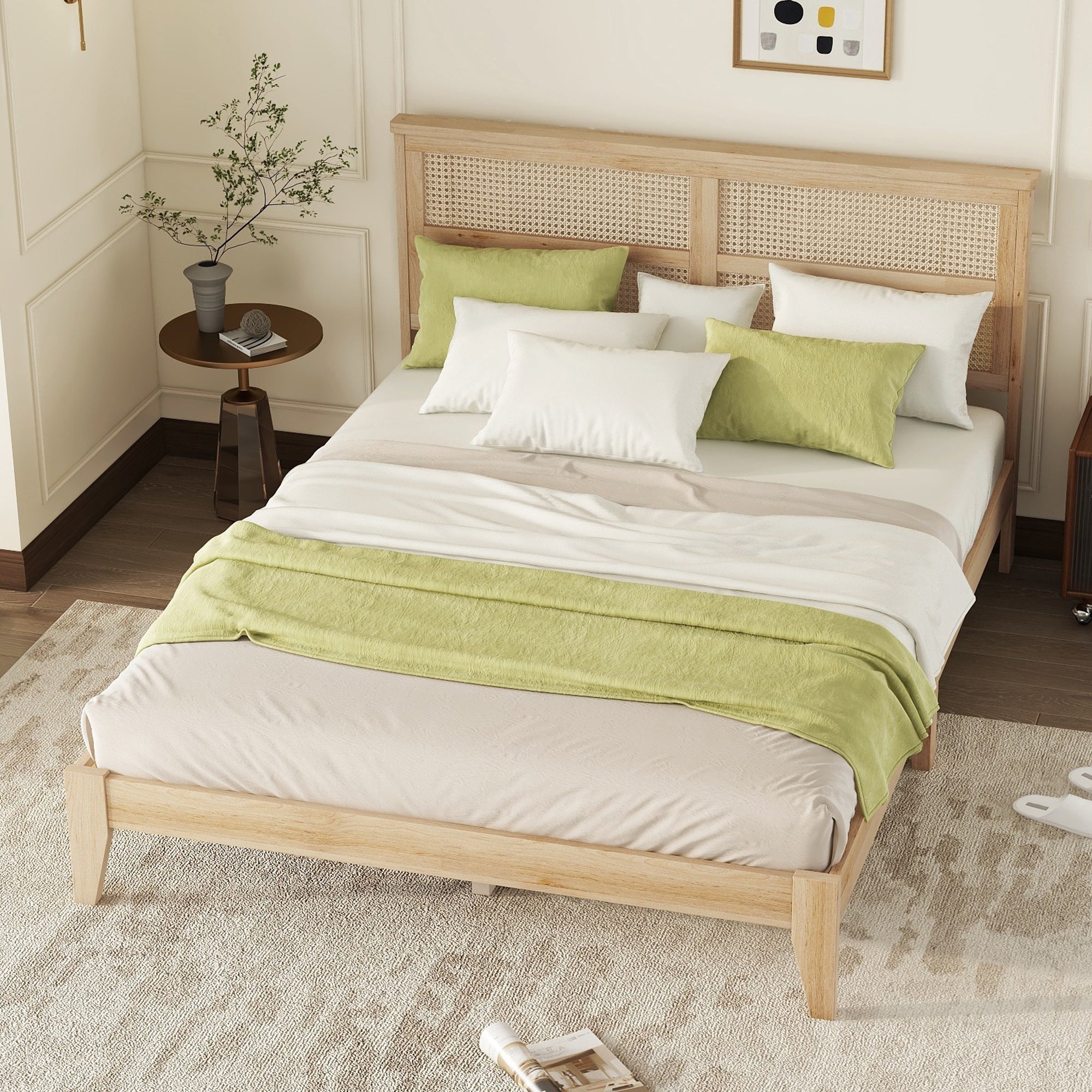 HAOYYE Queen Size Rubber Wooden, Solid Wooden Bed with Rattan Headboard, Enhanced by Support Feet,Oak White Sturdy Space-Saving Heavy Duty Modern Design Adults Dorm Room Easy Assembly Bedroom Furniture