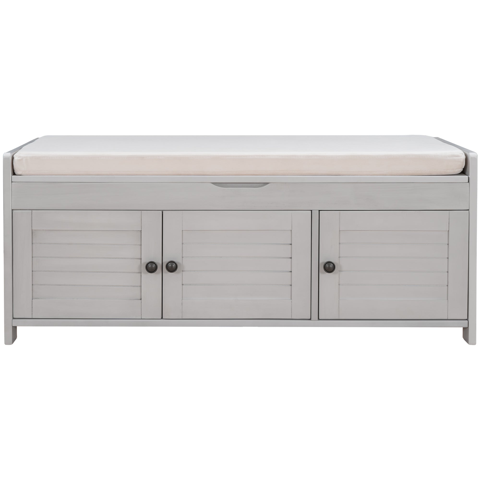 HAOYYE Storage Bench with 3 Shutter-shaped Doors, Shoe Bench with Removable Cushion and Hidden Storage Space (Gray Wash, OLD SKU: WF284226AAE) Sturdy Space-Saving Heavy Duty Modern Design Adults