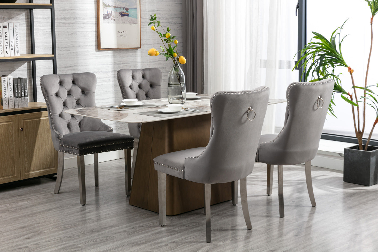 HAOYYE High-end Tufted Solid Wood Contemporary Velvet Upholstered Dining Chair with Chrome Stainless Steel Plating Legs,Nailhead Trim,Set of 2,Gray and Chrome, SW1701GY