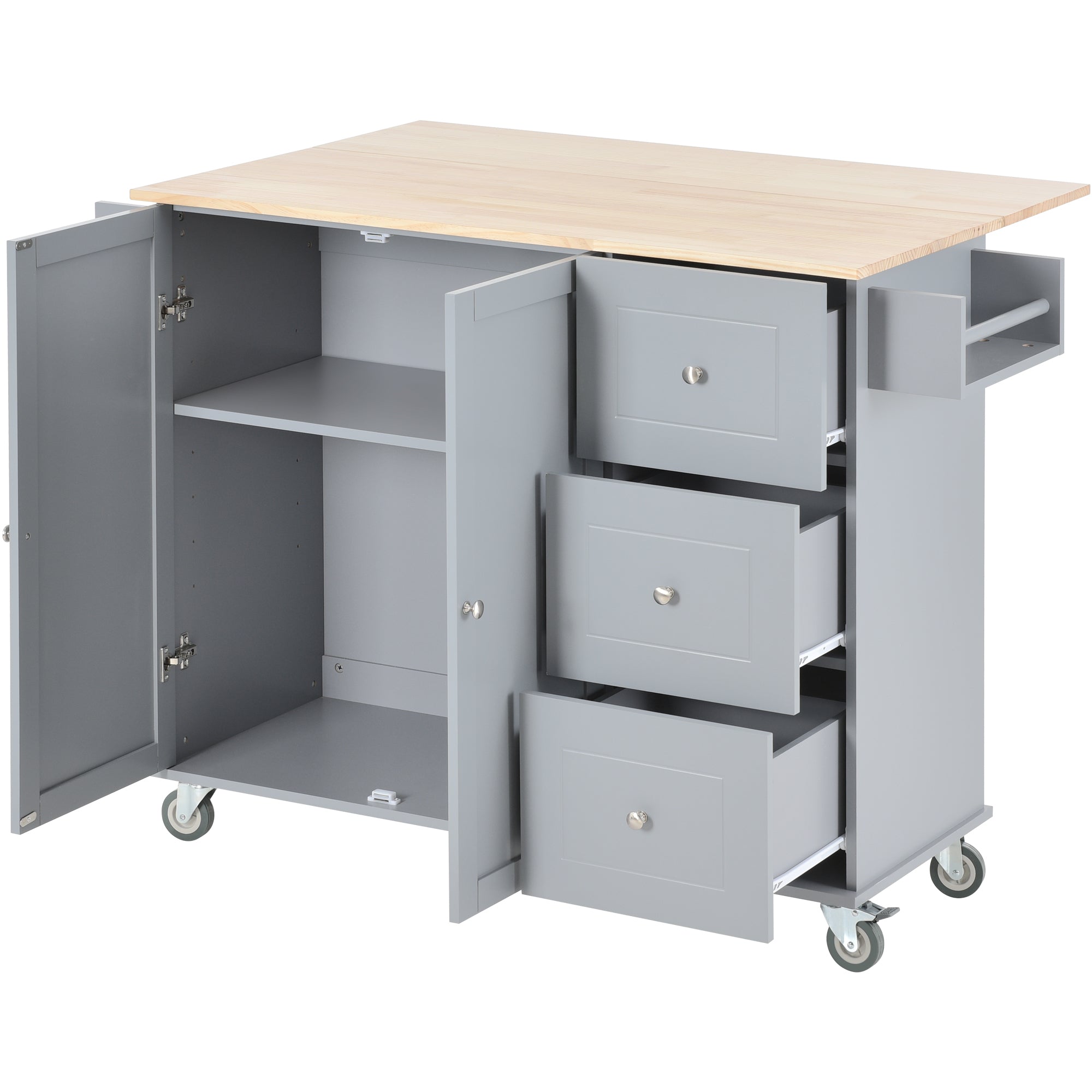 HAOYYE Rolling Mobile Kitchen Island With Solid Wood Top, Storage Cabinet, Drop Leaf Breakfast Bar, Spice Rack, Towel Rack, And Drawer, Grey Blue, Sturdy Space-Saving Design With Locking Wheels